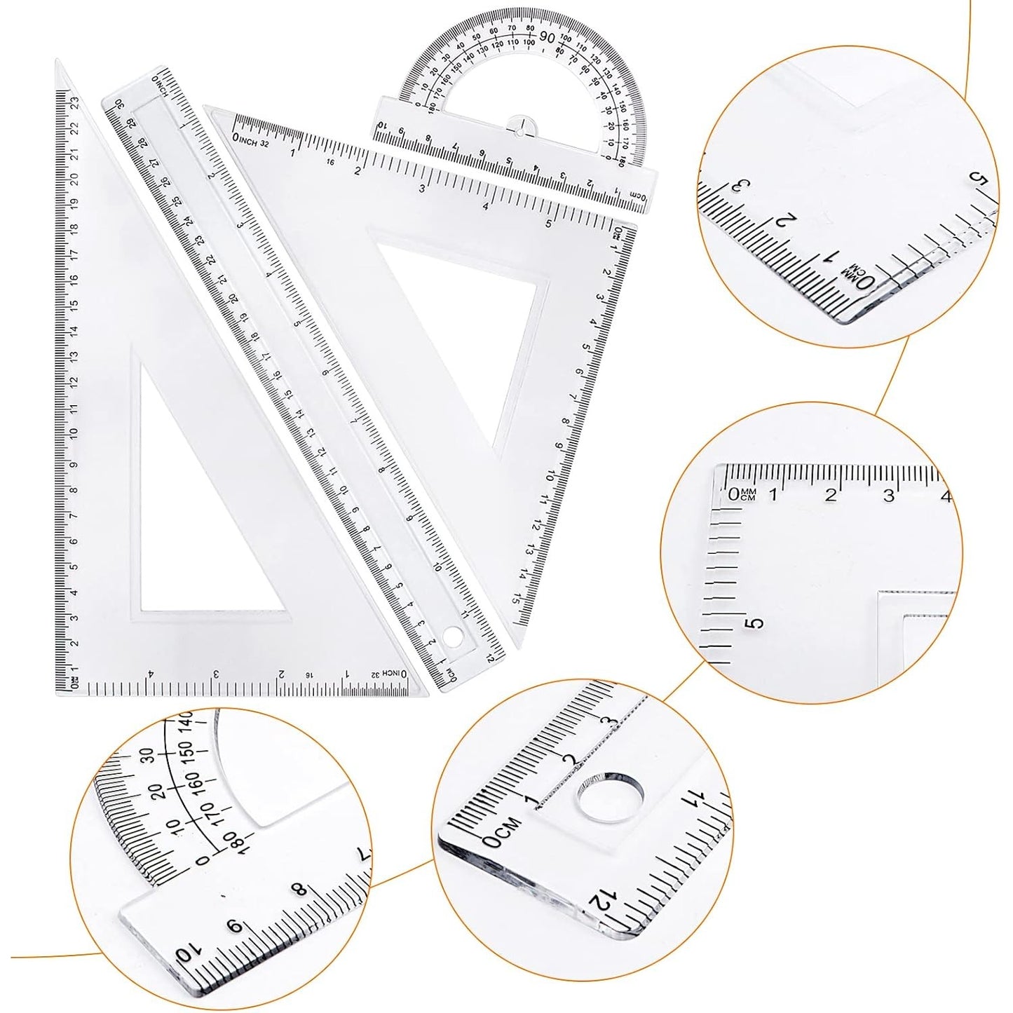 4pcs Math Geometry Tool Set, Including 1pcs Clear Plastic Straight Ruler, 1pcs Protractor and 2pcs Triangle Rulers Drawing Drafting Tool for School Office Home Supplies