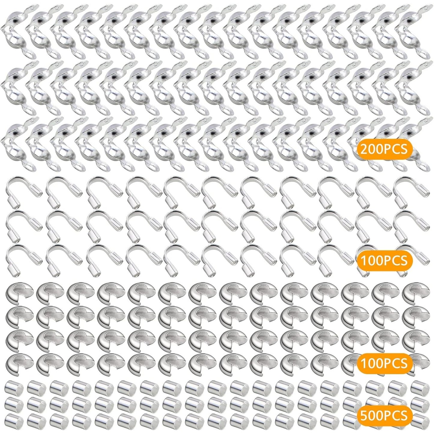 900pcs Silver Metal Tube Crimp Beads Half Round Open Crimp Beads Knot Covers Wire Guardians Bead End Tips with a Box for DIY Bracelet Necklace Jewelry Making Supplies, 4 Styles