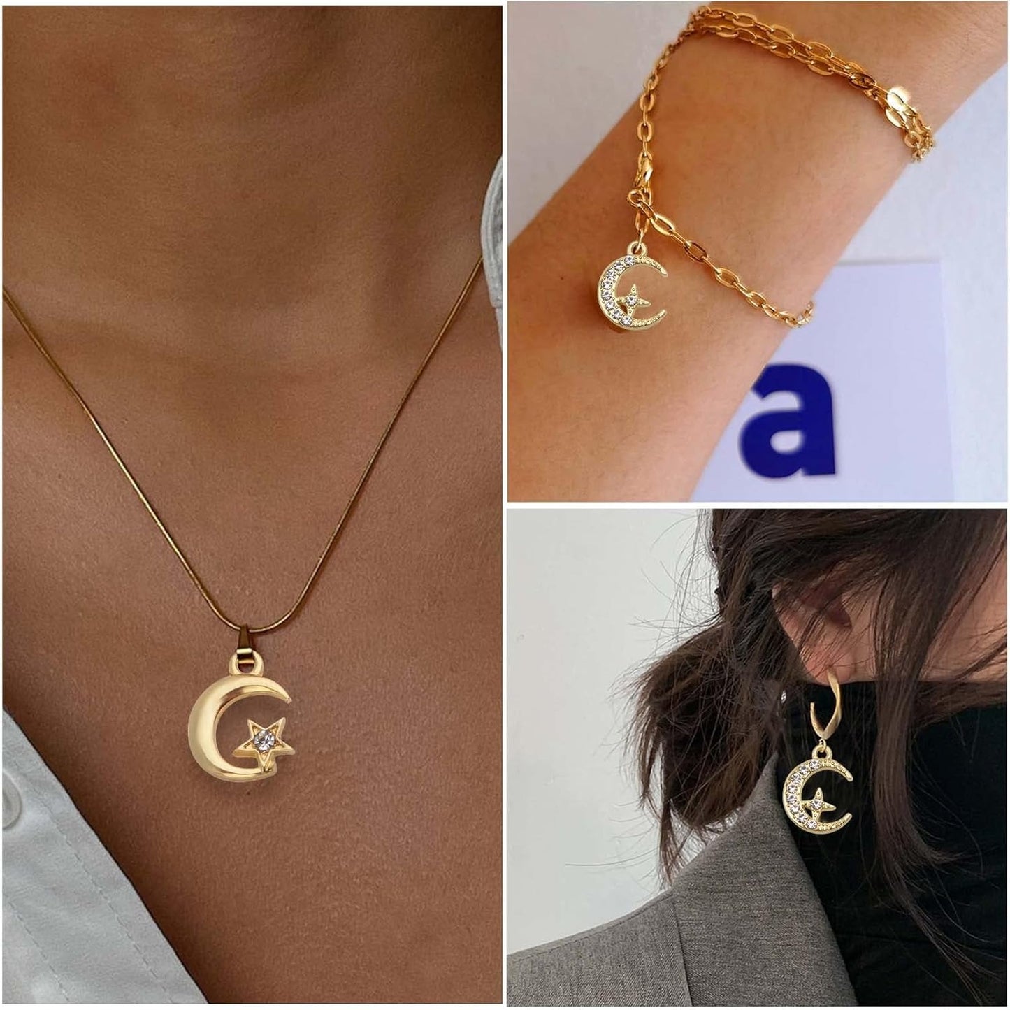 20pcs Golden Crescent Moon Star Charms Alloy Celestial Dangle Pendants with Shiny Rhinestone Craft Supplies for DIY Earring Bracelet Necklace Jewelry Making, 2 Styles