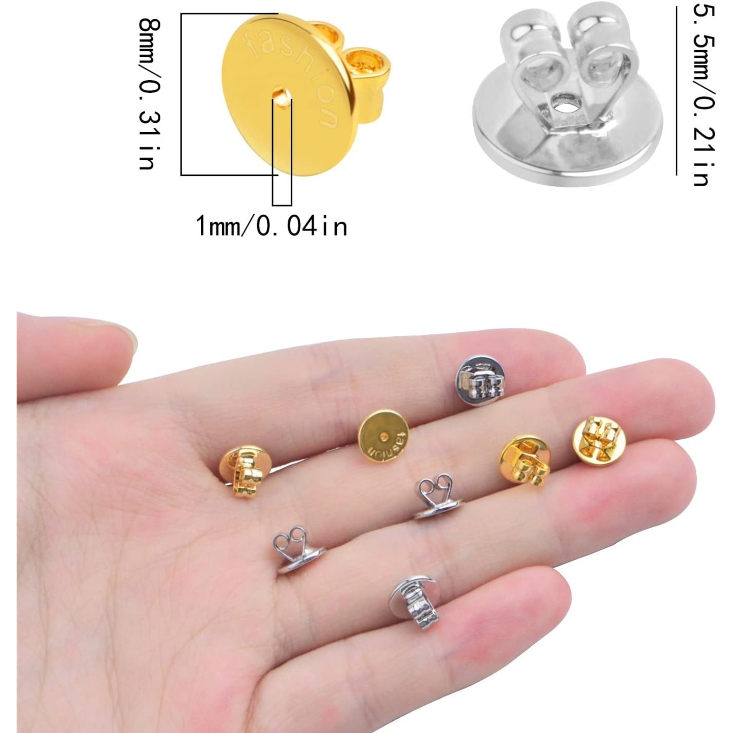 16pcs Golden Plated Brass Locking Earring Safety Backs Hypoallergenic Round Disc Secure Magic Earring Backs Lifters Butterfly Clasps Replacements for Stud Earring, 2 Colors