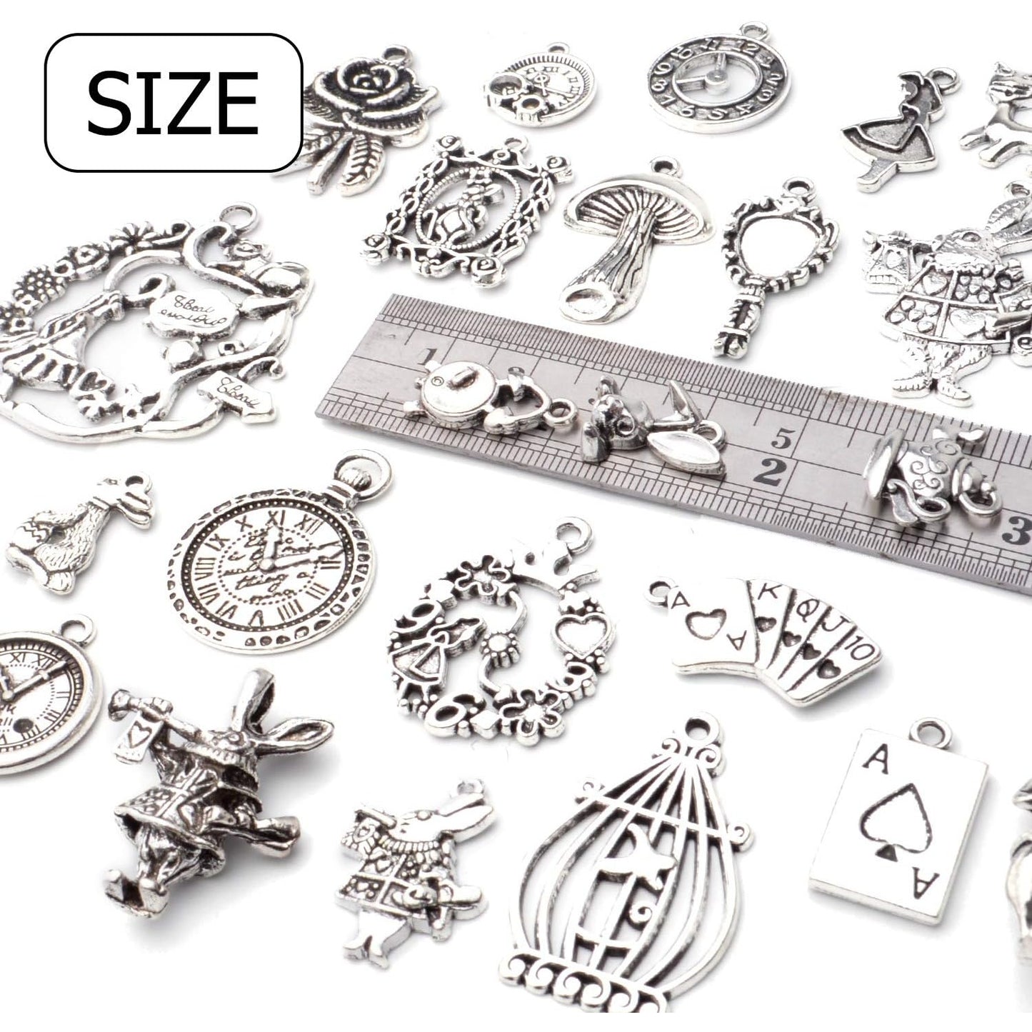 40pcs Antique Silver Alice in Wonderland Charm Alloy Tales Tea Party Steampunk Victorian Necklace Bracelet Charms Pendants for DIY Jewelry Making Crafts Supplies