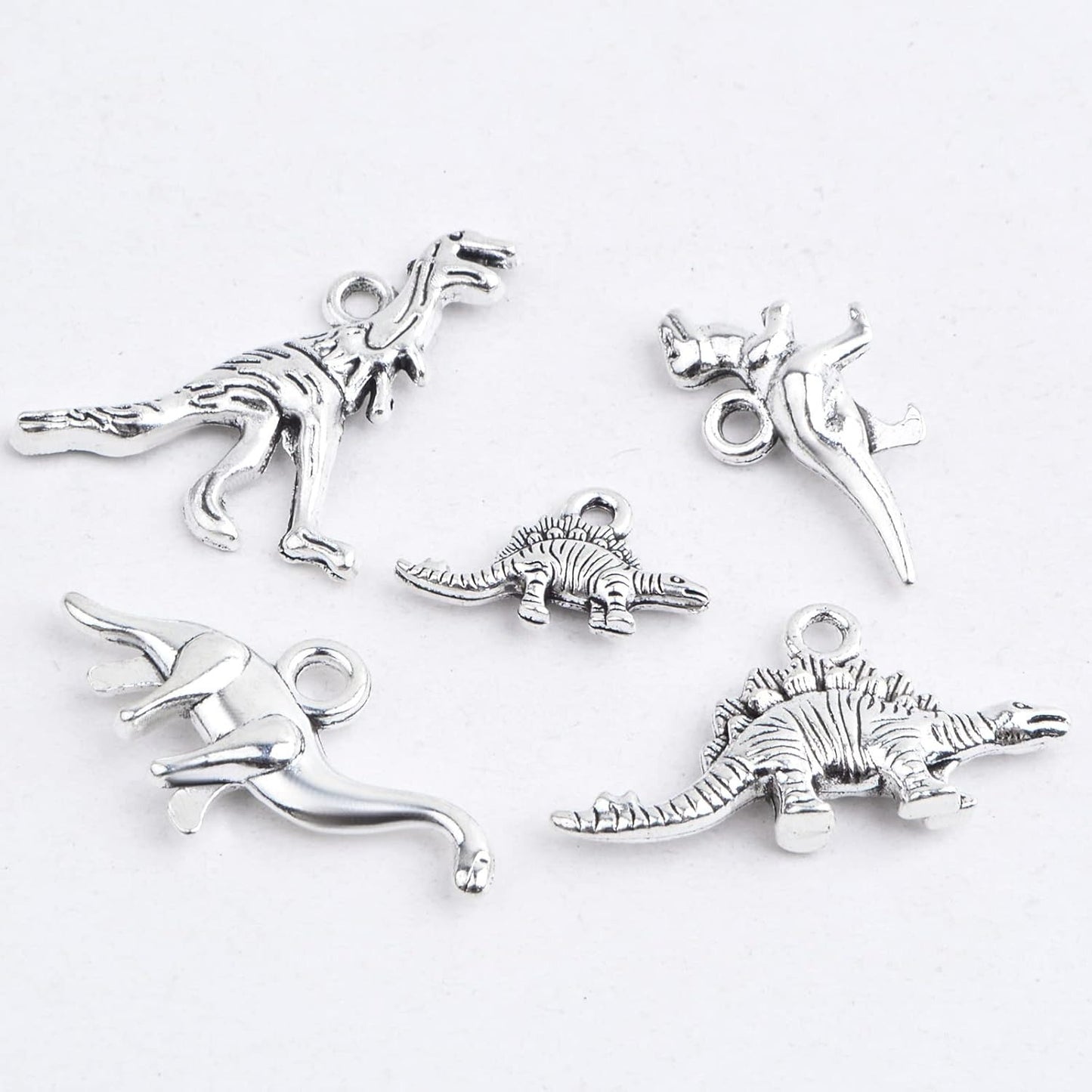 50pcs Antique Silver Mixed Dinosaur Charms Tibetan Alloy Animal Dinosaur Shape Dangle Pendants Bulk Lot for DIY Necklace Bracelet Jewelry Making Supplies, 5 Styles