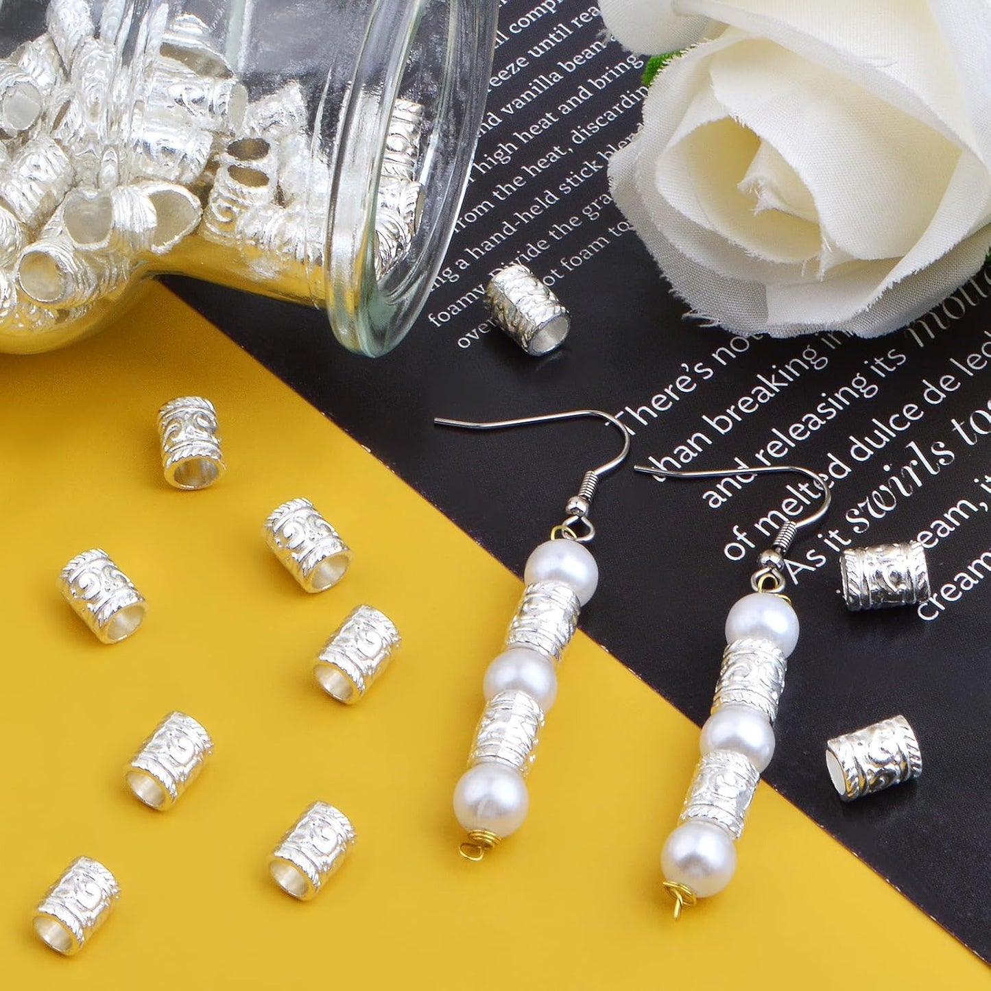 100pcs Alloy Column Spacer Beads Large Hole (5 mm) Tube Barrel Loose Beads Bulk Metal Spacers Craft Supplies for DIY European Bracelet Necklace Earrings Jewelry Making, Bright Silver