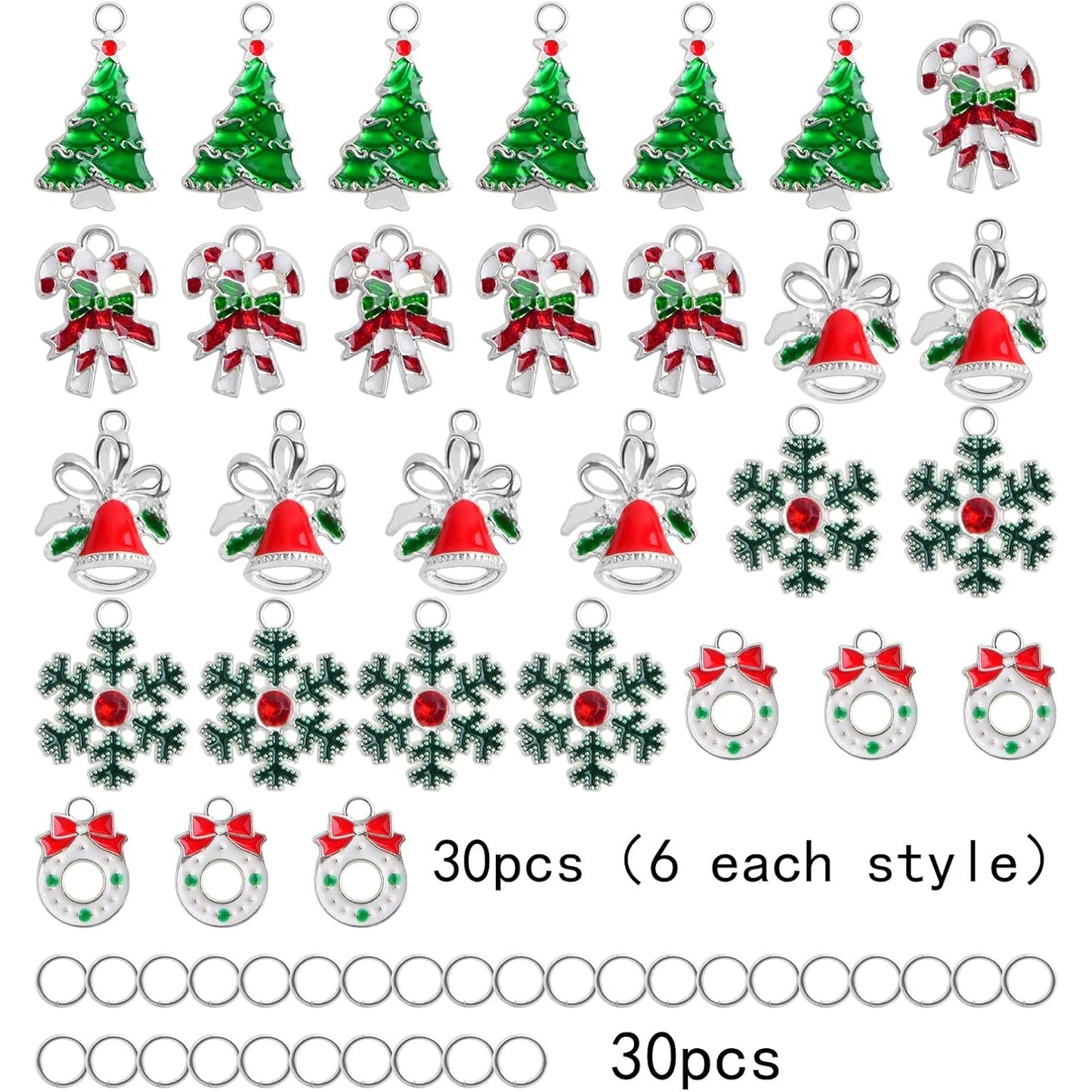 30pcs 5 Styles Enamel Christmas Theme Charms Alloy Mixed Christmas Tree Snowflake Bow Bell Pendants and 30pcs Open Rings for DIY Craft Jewelry Making Xmas Decoration