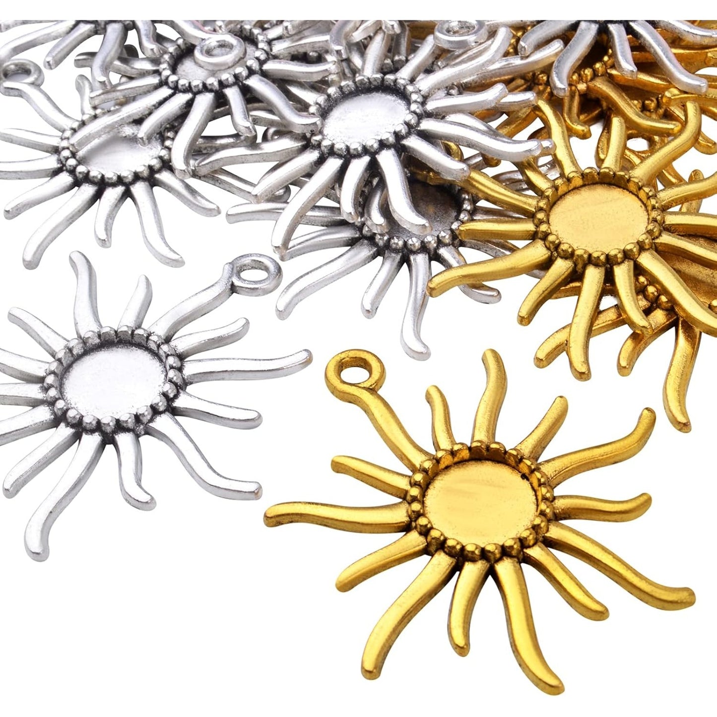 20pcs Sun Blank Round Pendant Trays Tibetan Alloy Base Cabochon Settings Bezel Frame Cameo Tray Charms for Crafts Jewelry Making Projects, 2 Colors, 12 mm Inner Diameter