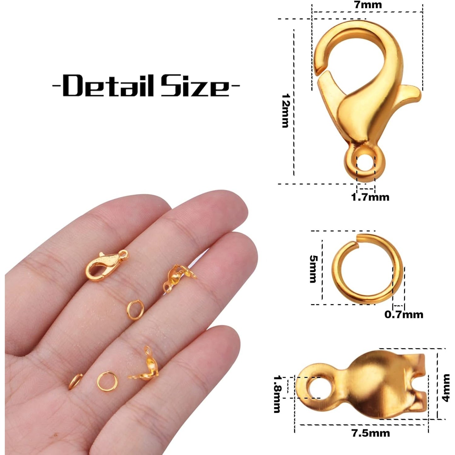 500pcs Jewelry Making Accessories Kit, 200pcs Knot Covers Clamshell Fold-Over Bead Tips 100pcs Lobster Claw Clasps and 200pcs Open Jump Rings Connectors for Jewelry Making Supplies, Gold