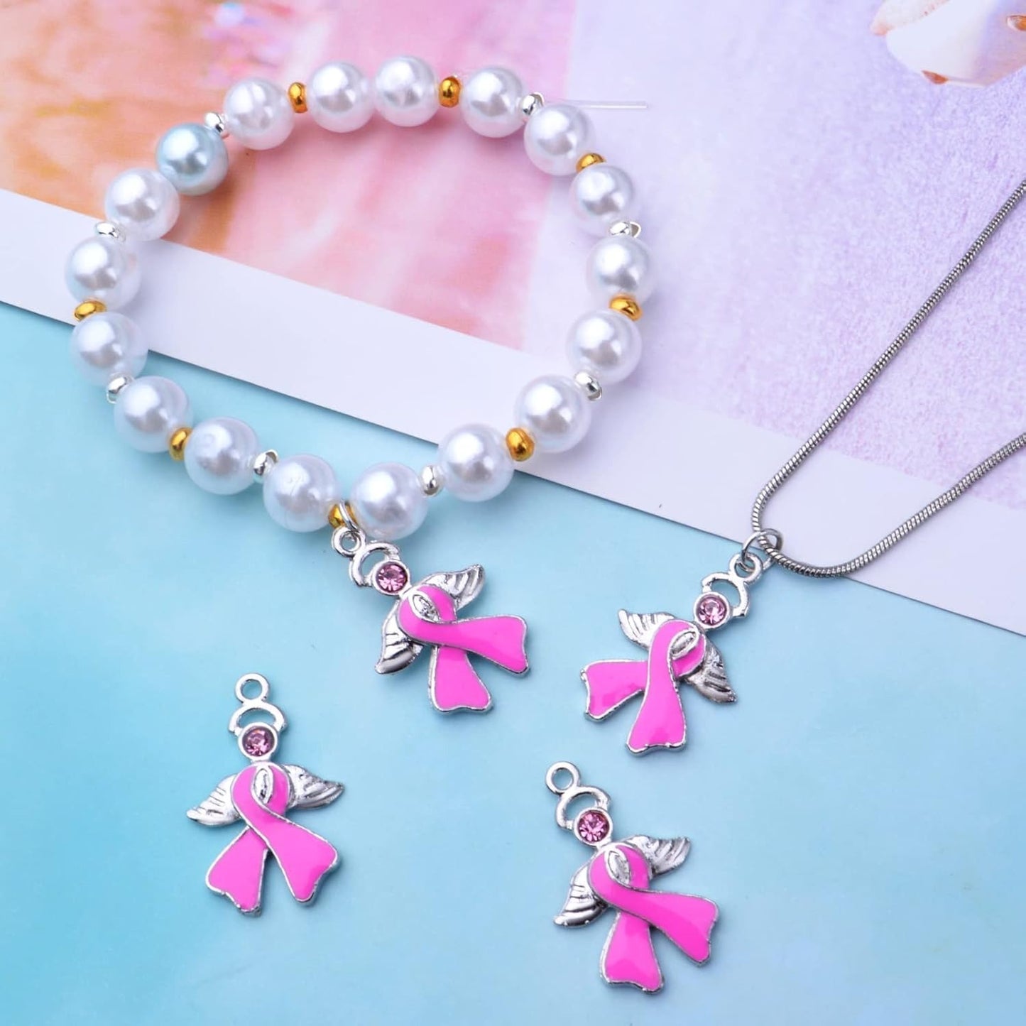 10pcs Pink Ribbon Pendants Breast Cancer Awareness Charms with Angel Wing Enamel Rhinestone Ribbon Charms Jewelry Making Accessories for DIY Crafts Necklace Bracelet Earrings