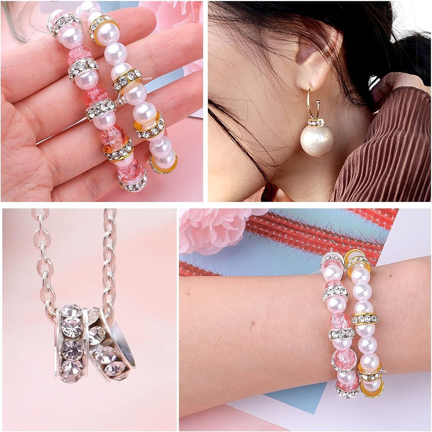 40pcs Crystal Rhinestone Spacer Beads Rondelle Loose Bead Brass European Large Hole Charm Beads for Necklaces Bracelets Crafts Jewelry Making Accessories, Golden and Silver