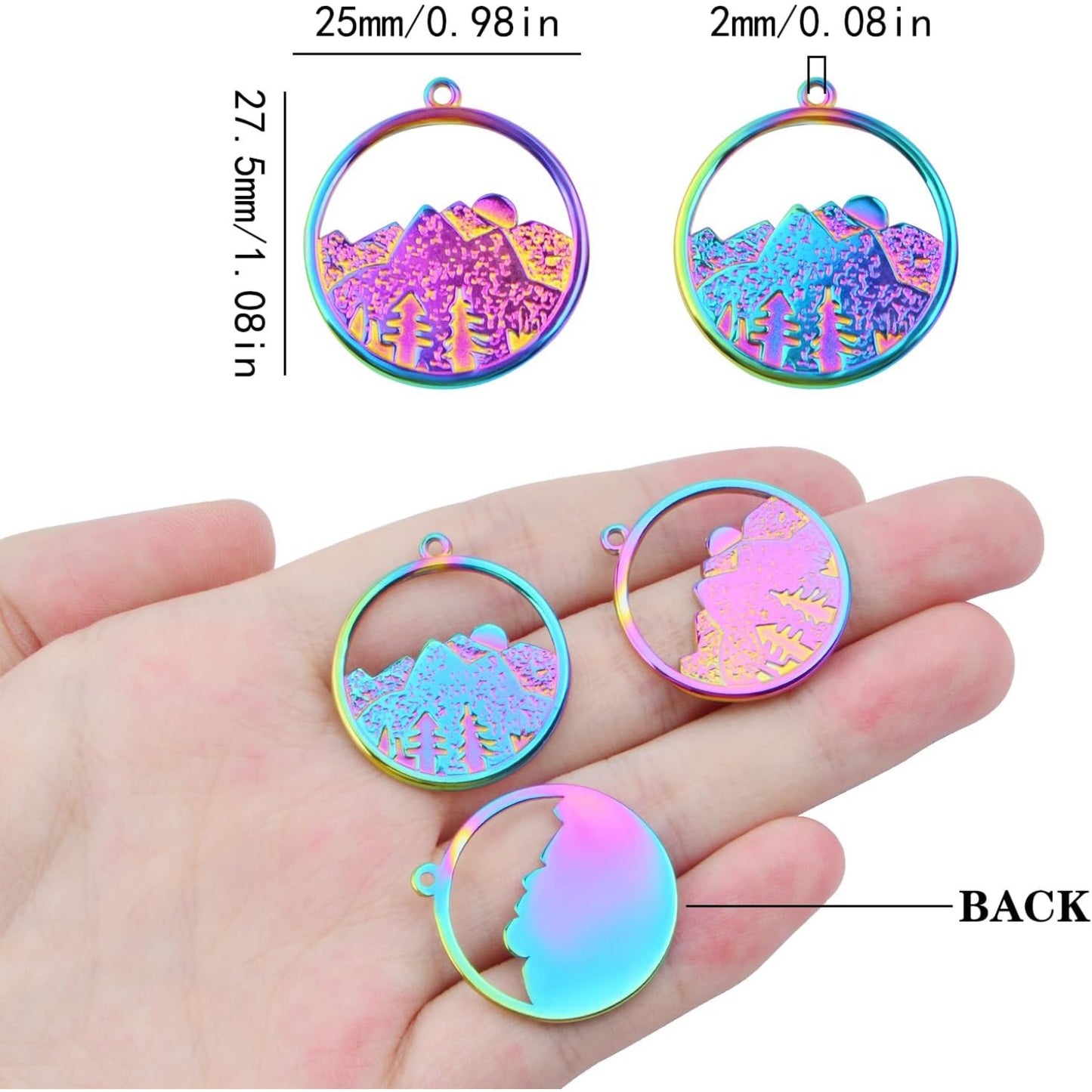 10pcs Stainless Steel Round Mountain Range Ocean Charms Hypoallergenic Hollow Sea Mountain Dangle Pendants for DIY Necklace Bracelet Jewelry Making Supplies, Rainbow Color