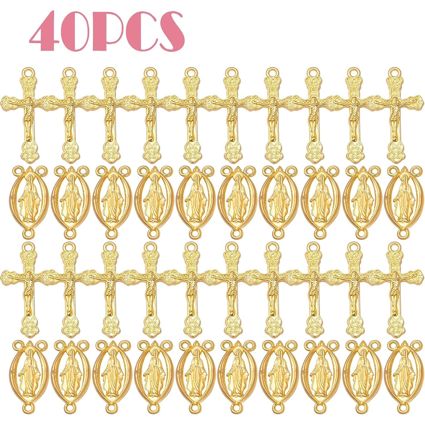 40pcs Gold Plated Rosary Cross and Center Charms Miraculous Medal Pendant Alloy Tibetan Style Jesus Crucifix Cross Pendants Oval Chandelier Links for Rosary Holy Beads Necklace Making