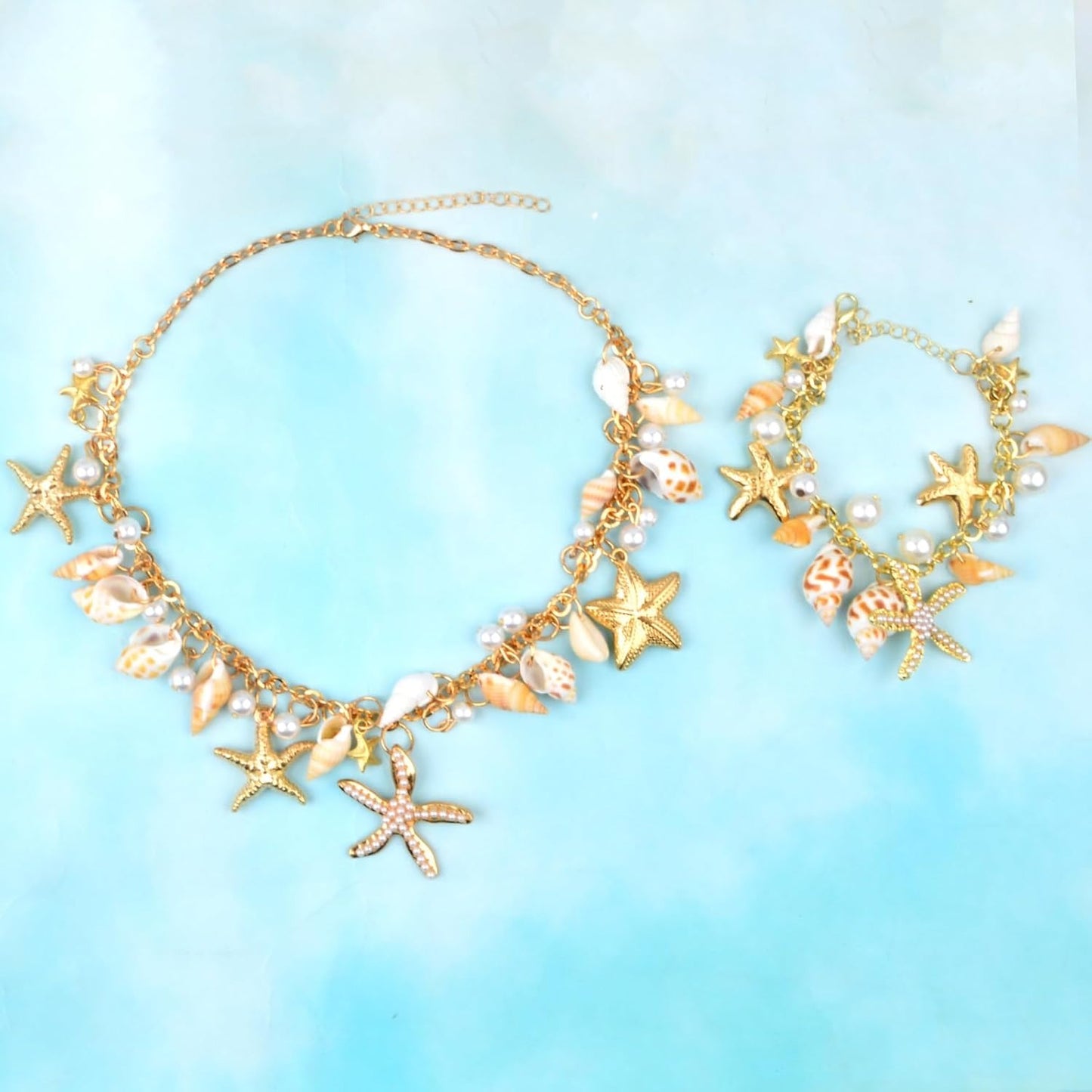 Shell Starfish Necklace Bracelet Faux Pearls Conch Statement Adjustable Chunky Necklace Mermaid Tail Bracelet Jewelry Set Costume Accessories for Women Beach-themed Party Cosplay