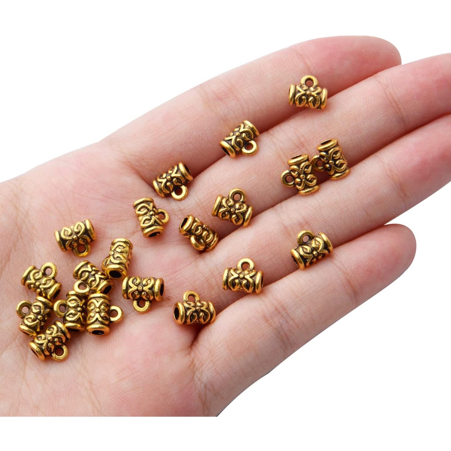 Bail Beads,200pcs Antique Gold Bail Tube Beads Tibetan Alloy Tube Spacer Bead with Charm Loop Hanger Connector Links for DIY Bracelet Necklace Pendant Jewelry Making Findings