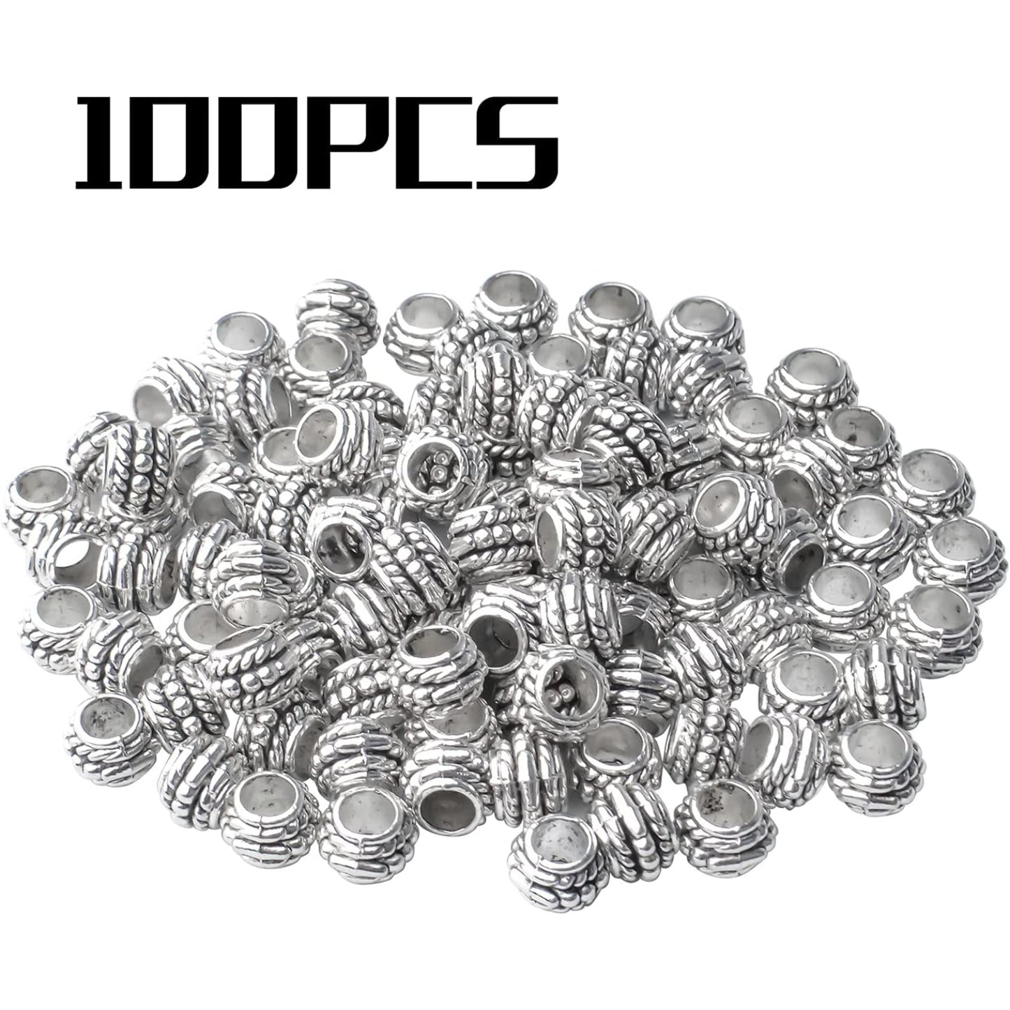 100pcs Tibetan Antique Silver Large Hole Spacer Beads Alloy European Rondelle Beads Spacers Loose Spacers Jewelry Bead Charms for DIY Jewelry Crafts Making(8×6mm, Hole:4.5mm)