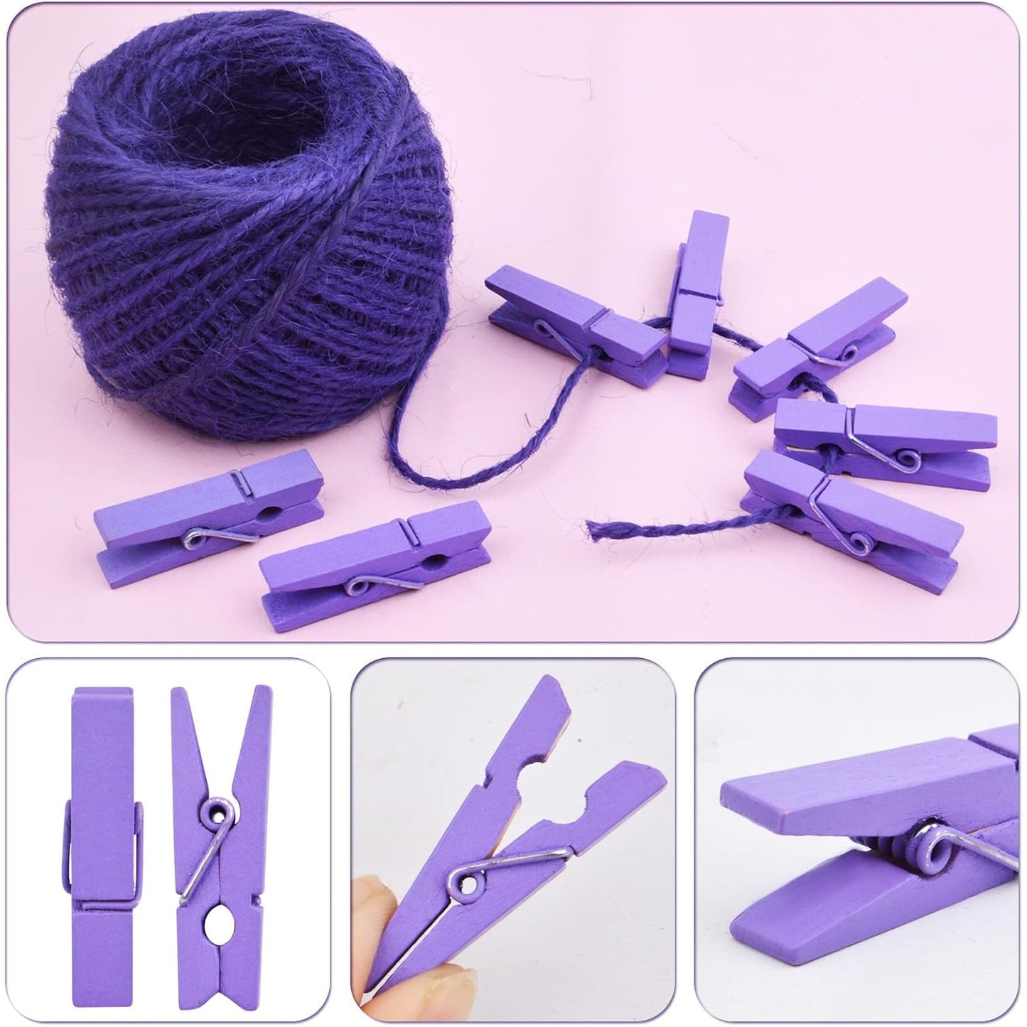 50pcs Purple Mini Wooden Pegs Pins Hardwood Photo Clips Clothespins Non Slip Laundry Pegs with 1 Roll Natural 50 M Jute Twine for Paper Photo Hanging Arts Crafts Decor