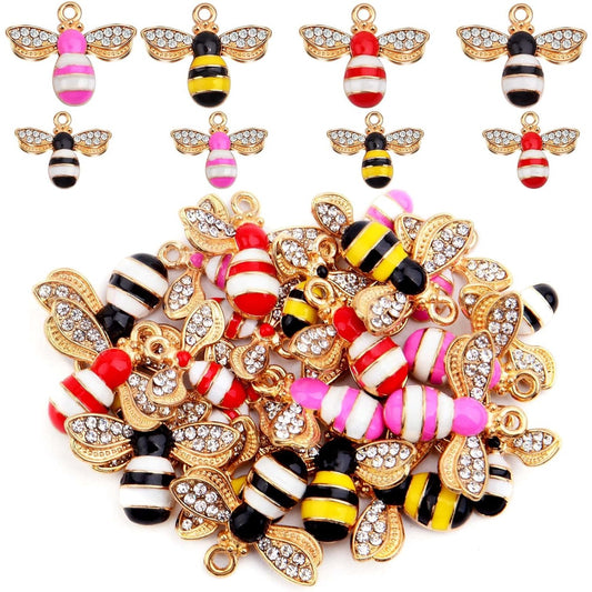 24pcs 2 Sizes Enamel Bee Charms Alloy Small Honeybee Shaped Inlaid Crystal Pendants Charms for DIY Necklace Earrings Jewelry Making Crafts Decor, 4 Colors