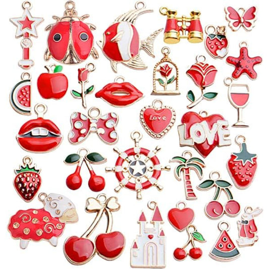 Enamel Charms,31pcs Red Theme Mixed Cute Enamel Charms Gold Plated Enamel Pendants Star Fruit Flower Charms for Making Jewelry Necklace Bracelet Earring