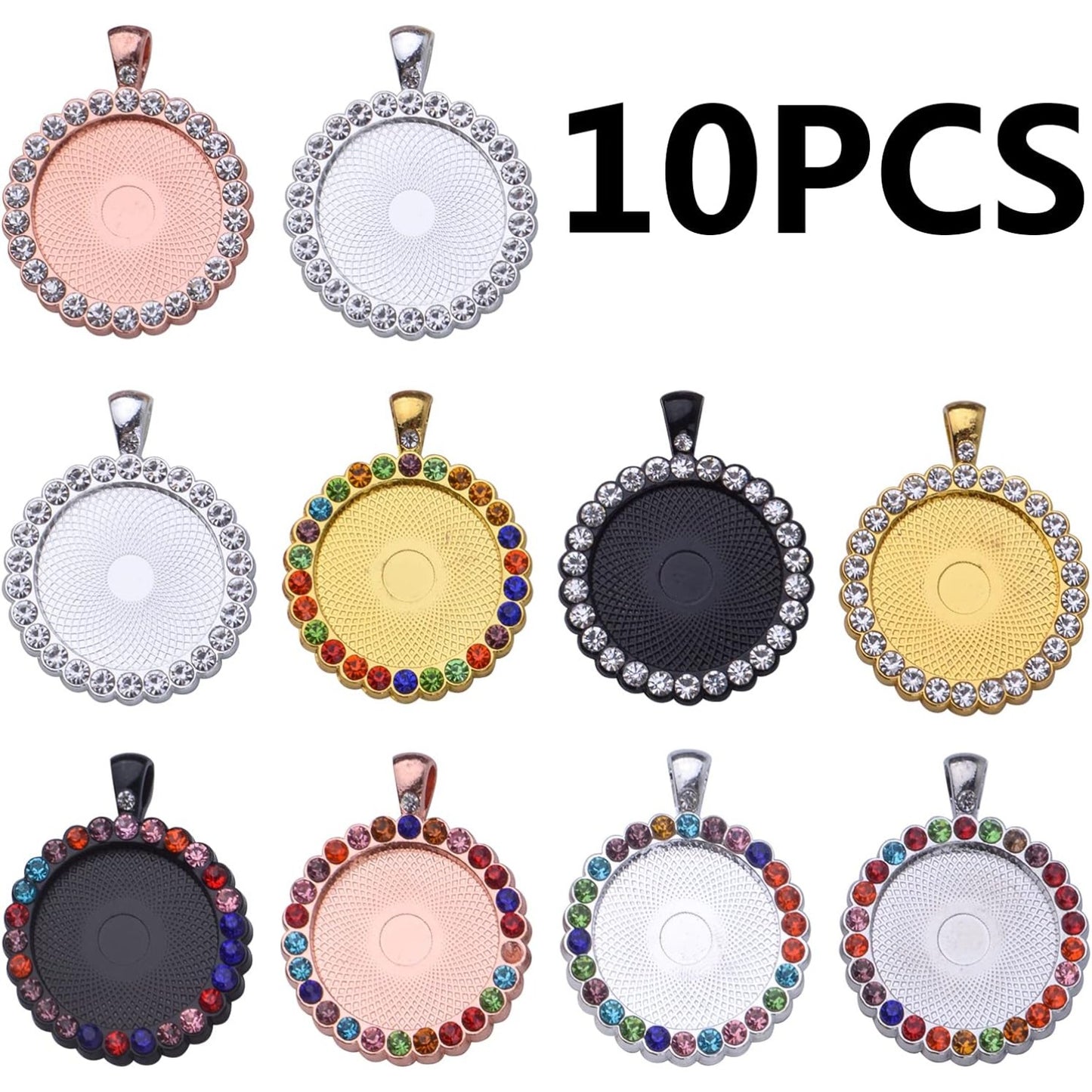 10pcs Rhinestone Bezel Pendant Trays Round Pendant Tray Blanks Cabochon Pendant Setting DIY Trays Blank Pendant Charms for Jewelry Craft Making