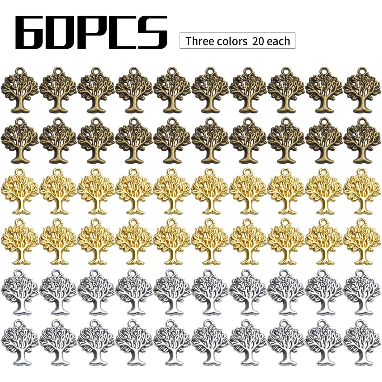 Tree of Life Chrmas,60pcs Wholesale Craft Supplies Tibetan Tree Pendants Charms Vintage Jewelry Making Accessories for DIY Bracelets Necklace,Antique Silver Bronze Golden