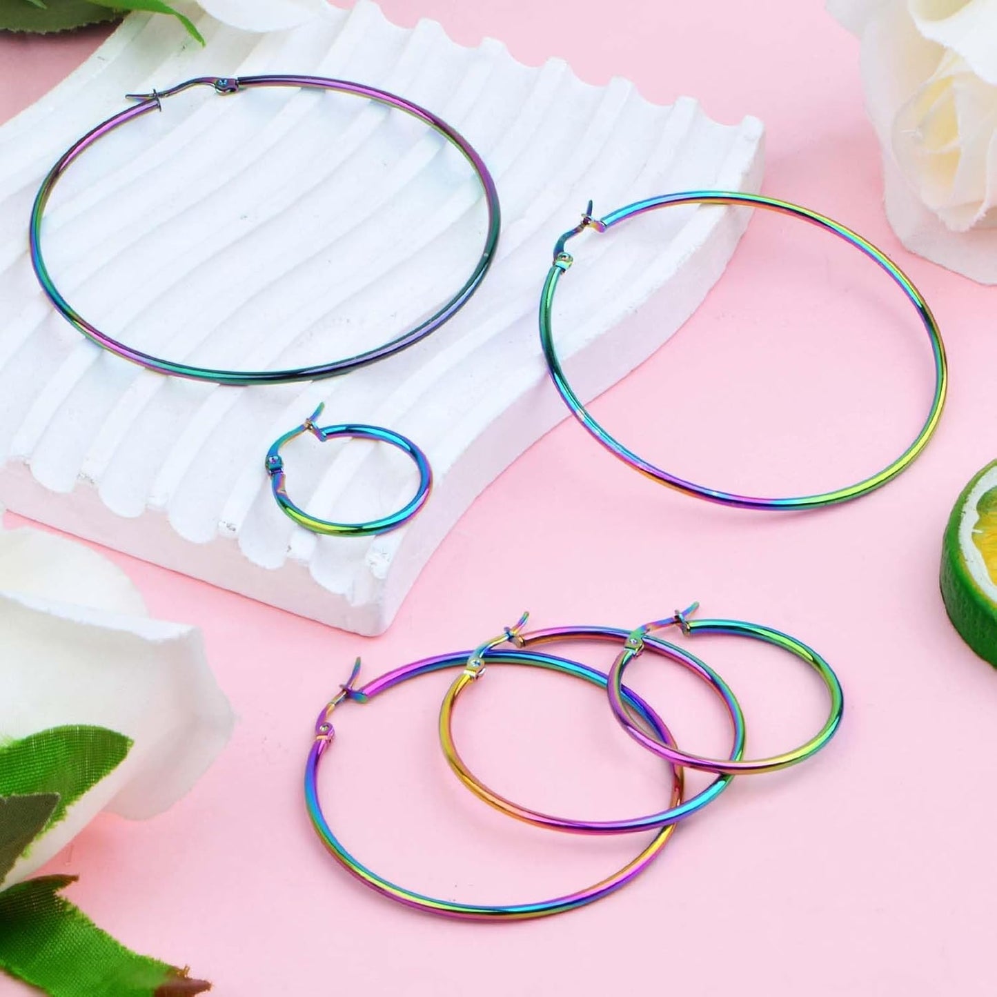 6 Pairs Stainless Steel Earring Beading Hoops Hypoallergenic Round Hoop Earrings Findings Art Accessories for DIY Earring Crafts Jewelry Making, 20/30/40/50/60/70mm, Rainbow Color