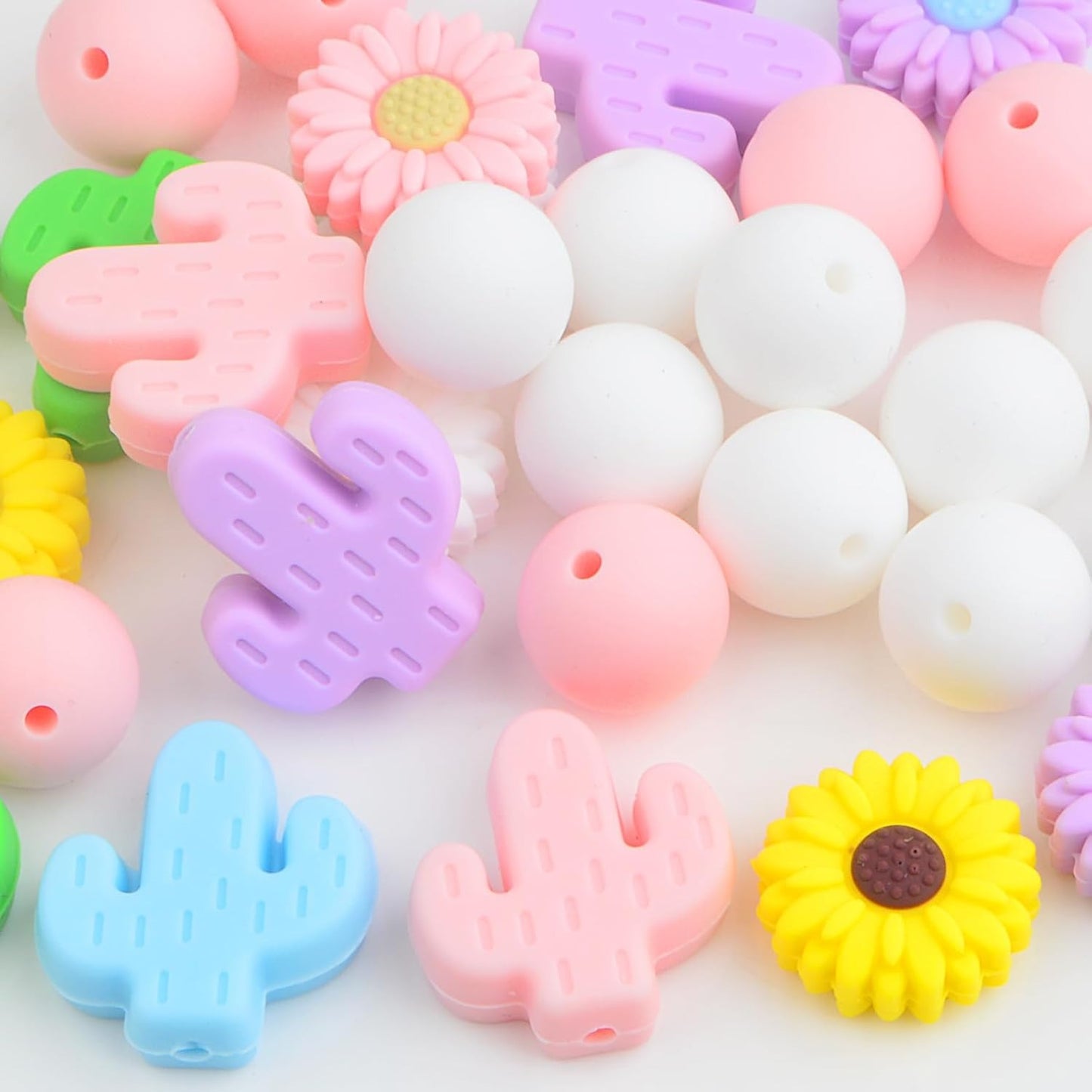 36Pcs Daisy Silicone Beads Cute Cactus Flower Focal Loose Round Spacer Beads Bulk for Summer Necklaces Bracelets Keychain DIY Jewelry Making Crafts