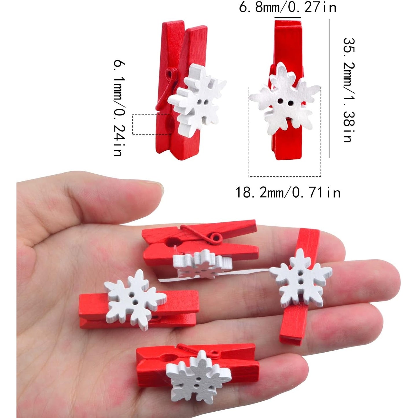 50 Pieces Snowflake Wood Clips Christmas Snowflake Wooden Clothespins Photo Frame Paper Peg Pins DIY Craft Clips for Home School Art Crafts, Red