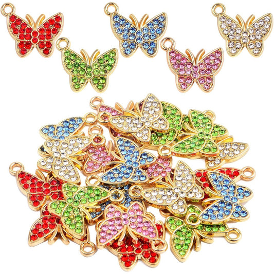 20pcs Butterfly Charms with Shiny Rhinestone Alloy Crystal Butterfly Dangle Pendants Craft Supplies for DIY Bracelet Necklace Earring Jewelry Making Findings, 5 Colors