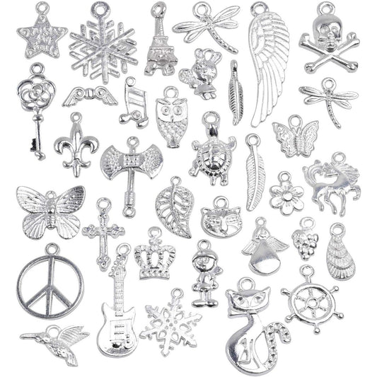 50 Pieces Mixed Bracelet Charms Antique Necklace Pendants Bulk Pack for Craft and Jewelry Making, Antique Silver
