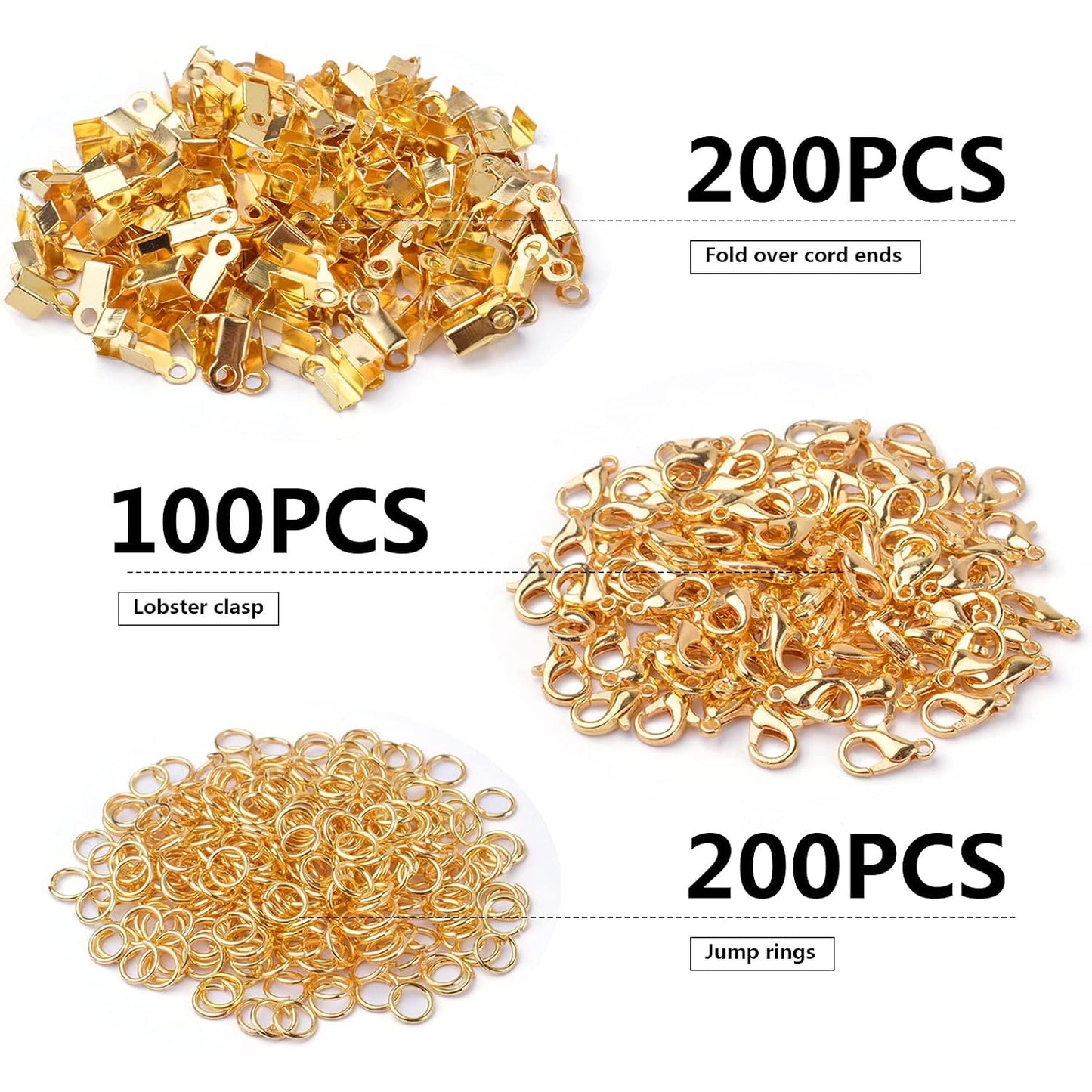 500pcs Silver Jewelry Making Accessories Kit, 200pcs Fold Over Cord End Caps Crimp End Tips, 200pcs Open Jump Rings and 100pcs Lobster Claw Clasps for Leather Ribbon Jewelry Making Findings