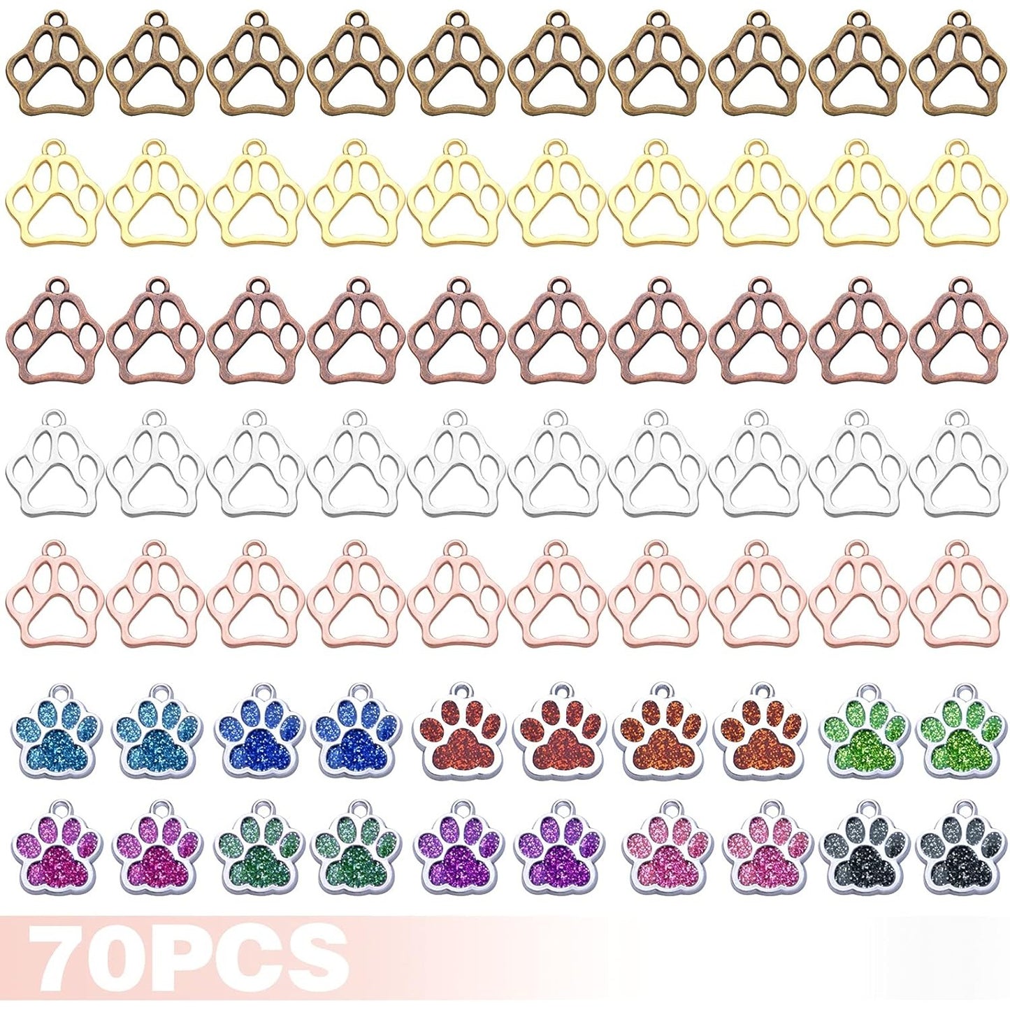 70pcs Alloy Paw Print Charms Enamel Glitter Dog Cat Bear Footprint Pendants Animal Paw Chunk Charms for DIY Necklace Bracelet Earrings Jewelry Making Birthday Party Favor Gifts
