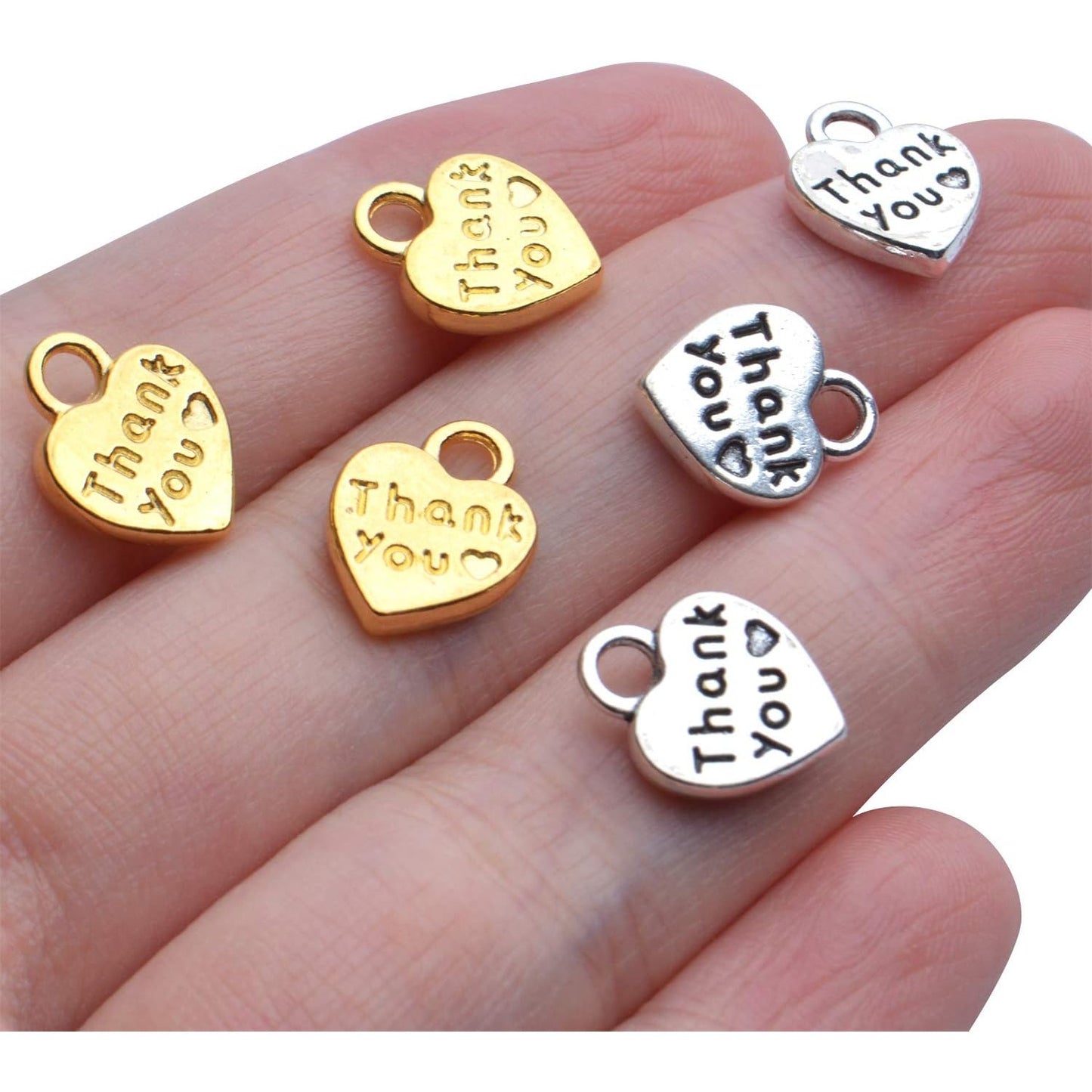 100pcs Antique Word Heart Charms, Thank You Heart Charm, Bulk Crafts Supplies for Jewelry DIY Necklace Bracelet Making, Antique Silver & Golden, 10x13mm