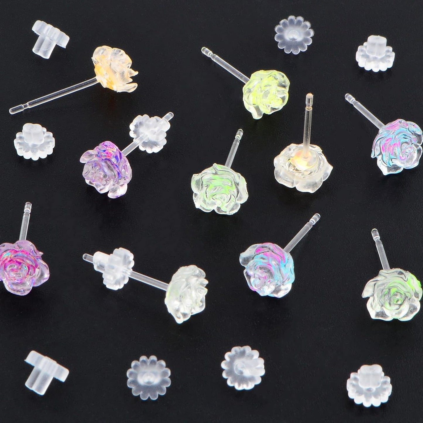 5 Pairs Plastic Camellia Stud Earrings Noble Flower Shaped Earring Pin Posts with Clear Earring Backs Kit for Sensitive Ears DIY Jewelry Making Supplies, 5 Colors