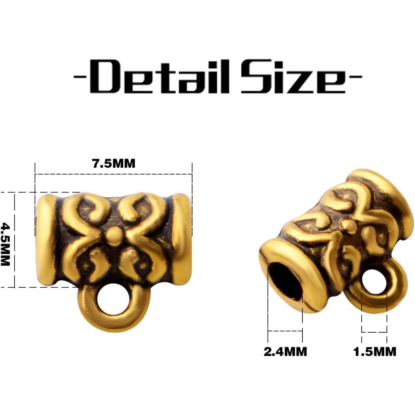 Bail Beads,200pcs Antique Gold Bail Tube Beads Tibetan Alloy Tube Spacer Bead with Charm Loop Hanger Connector Links for DIY Bracelet Necklace Pendant Jewelry Making Findings