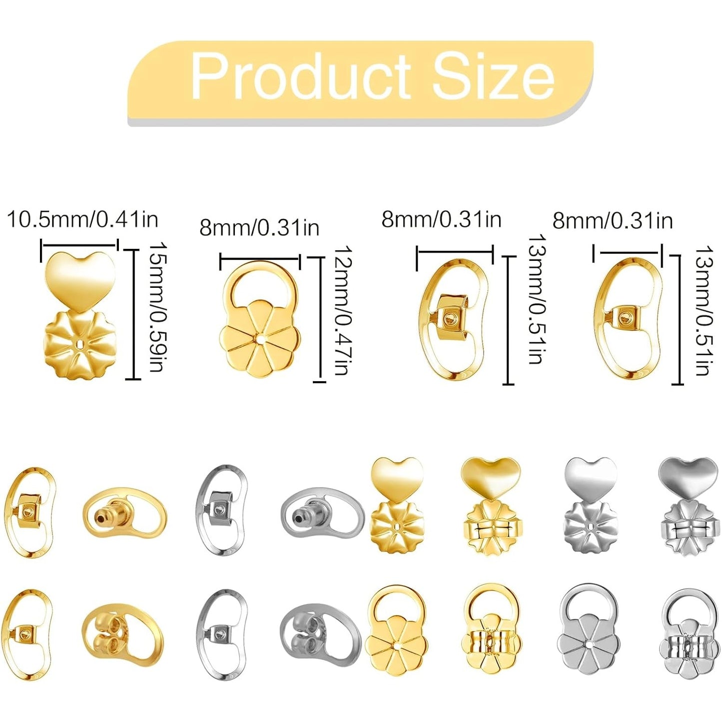 16pcs Earring Backs for Droopy Ears, Adjustable Heavy Earrings Lifters Backs Brass Secure Ear Support Backings Stoppers Repacements for Studs Droopy Earlobe Hoops, 4 Styles