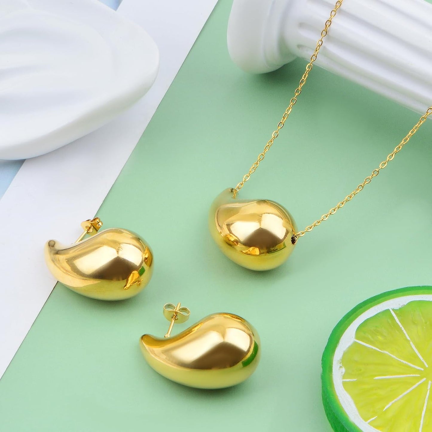 Titanium Steel Drop Shape Pendant Necklace Teardrop Earrings Sets Hypoallergenic 18K Golden Plated Waterdrop Necklace and Earring Studs for Women Gifts