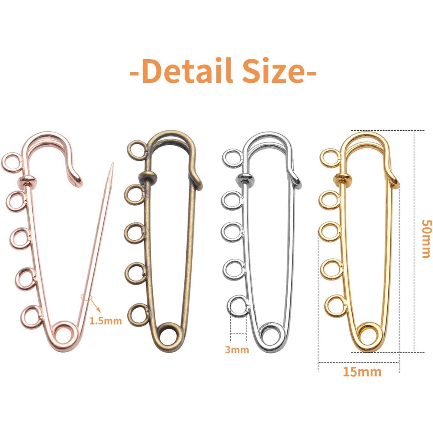 Heavy Duty Alloy Safety Pins - 20pcs Bulk Pack with 5 Loops - Gold, Silver, Antique Bronze, Rose Gold - 50x15mm