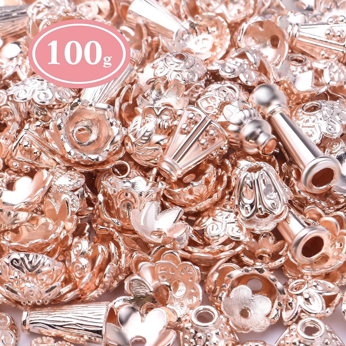 100g Rose Gold Mixed Styles Flower Bead End Caps Flower Spacer Beads Jewelry Making for DIY Necklace Bracelet Earrings Crafts Handmade Decoration