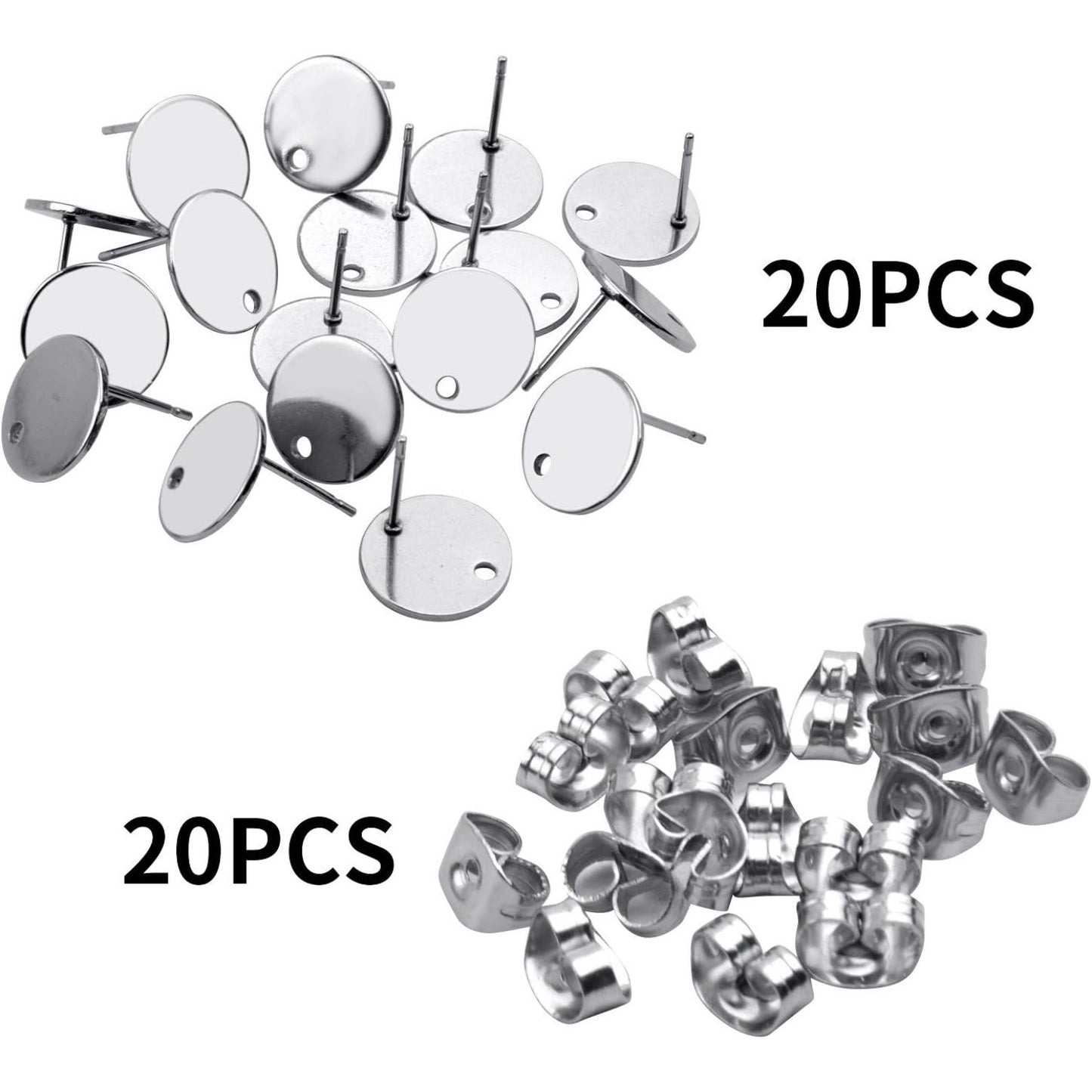 12mm Stud Earring Findings, 20pcs Stainless Steel Round Earring Studs Blank Earring Post with Loop and 20pcs Butterfly Earring Backs for Earring Making