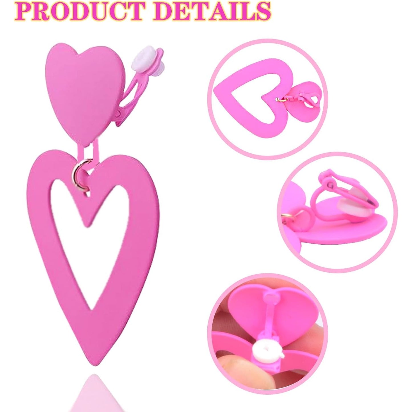 2pcs Clip on Pink Heart Earrings for Women, Double Love Heart Non-Pierced Drop Dangle Earring Clips Jewelry Mother's Day Gifts for Birthday Christmas Wedding Party Prom