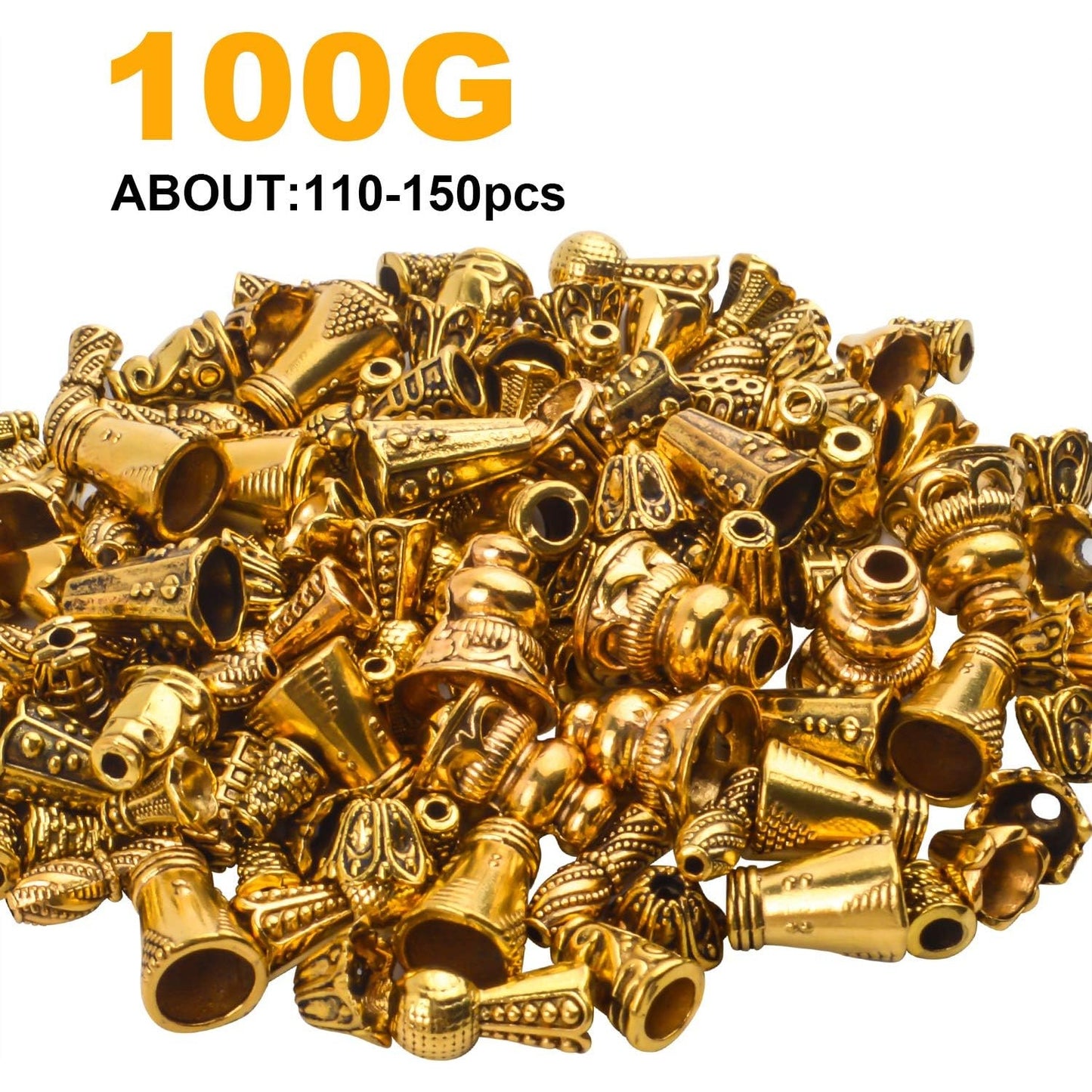 100 Gram (About 110-150pcs) Antique Gold Cone Bead Caps Flower End Caps Tassel End Cap for Jewelry Making Crafts DIY