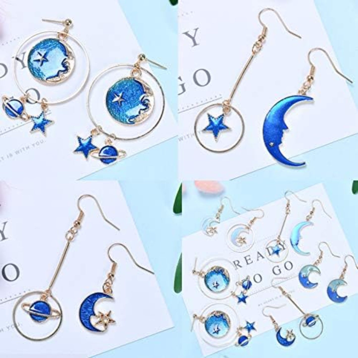 24 Pieces Gold Plated Enamel Charms Pendants, Blue Enamel Moon Star Pendant Crafting Accessories for Making Earrings Necklace DIY, 8 Styles