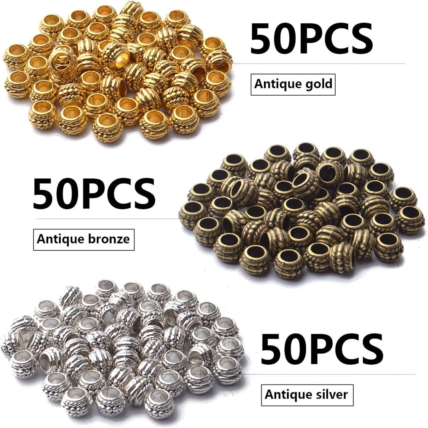 150pcs Spacer Beads Large Hole Tibetan Alloy Rondelle Bead Spacers Column Tube Beads Loose Beads Charm Beads for DIY Jewelry Bracelet Necklace Making Accessory