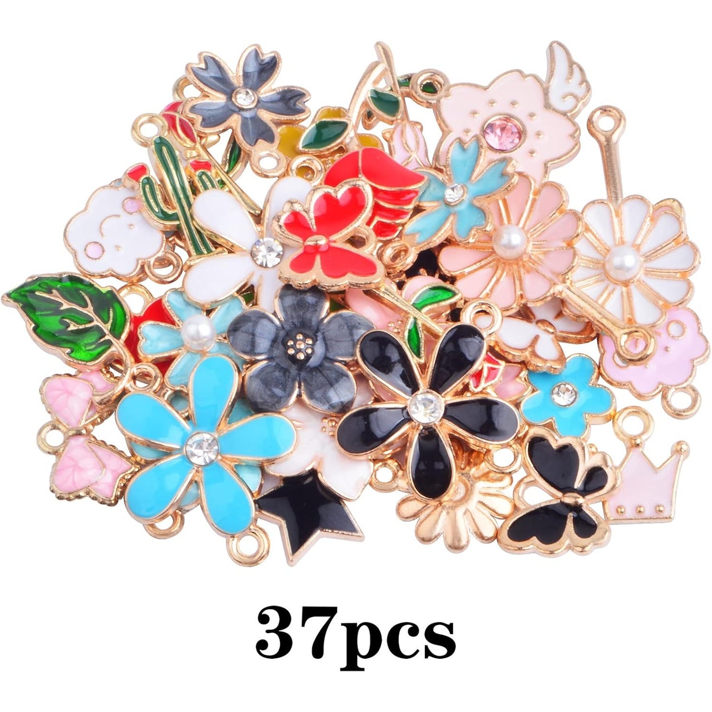 37pcs Golden Plated Colorful Enamel Spring Themed Charms Alloy Mixed Butterfly Rose Daisy Flower Charm Pendants for DIY Bracelet Necklace Jewelry Making Supplies, 37 Styles