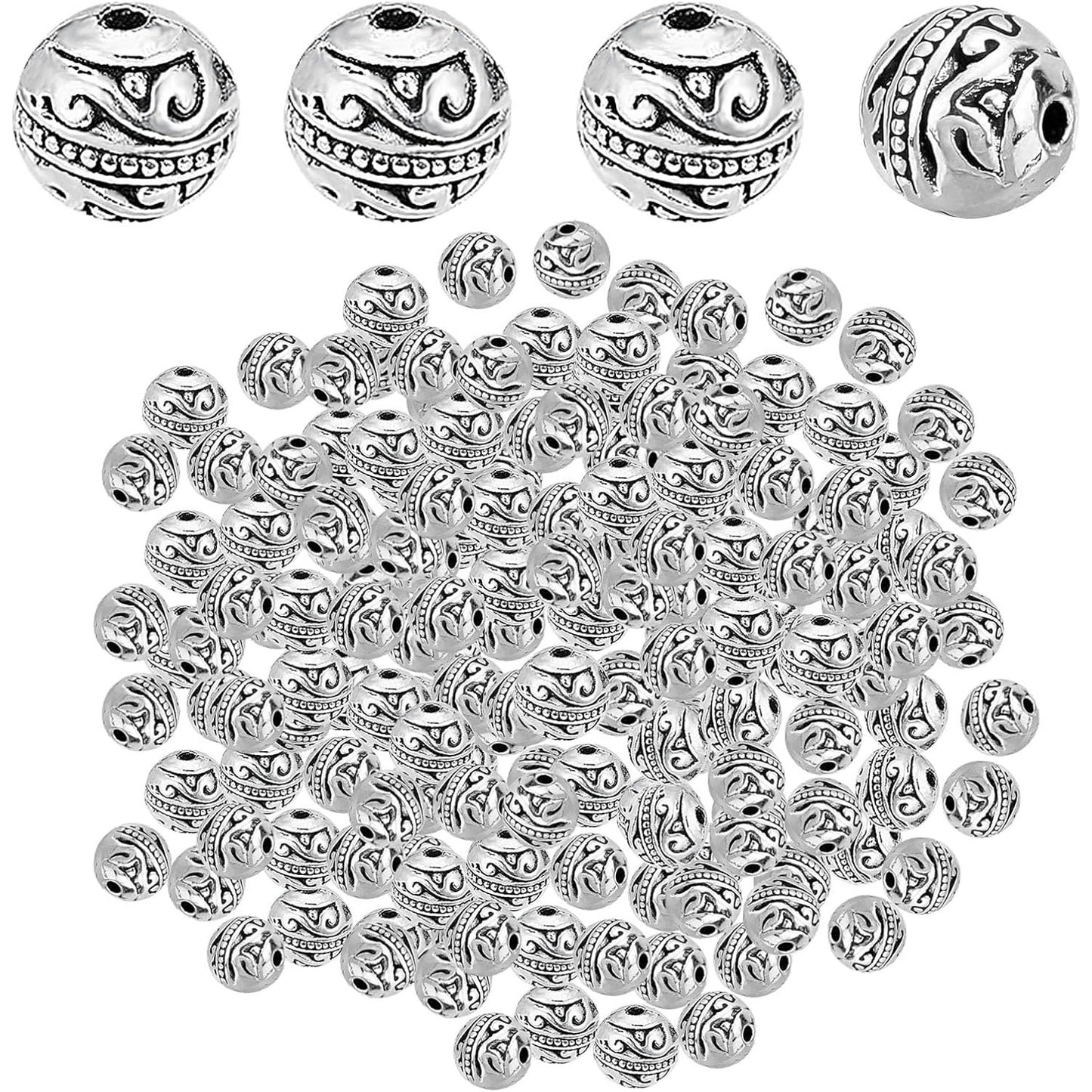 100pcs Antique Silver Round Spacer Beads Tibetan Alloy Ball Loose Bead Charms Metal Spacers Craft Accessories for DIY Bracelet Necklace Earrings Jewelry Making, 8 Mm