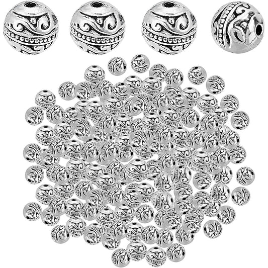 100pcs Antique Silver Round Spacer Beads Tibetan Alloy Ball Loose Bead Charms Metal Spacers Craft Accessories for DIY Bracelet Necklace Earrings Jewelry Making, 8 Mm