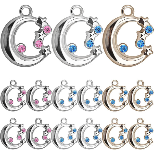 30pcs 3 Colors Star and Crescent Moon Charms with Shiny Rhinestone Alloy Celestial Dangle Pendants Jewelry Findings for DIY Bracelet Necklace Earrings Crafts Decor