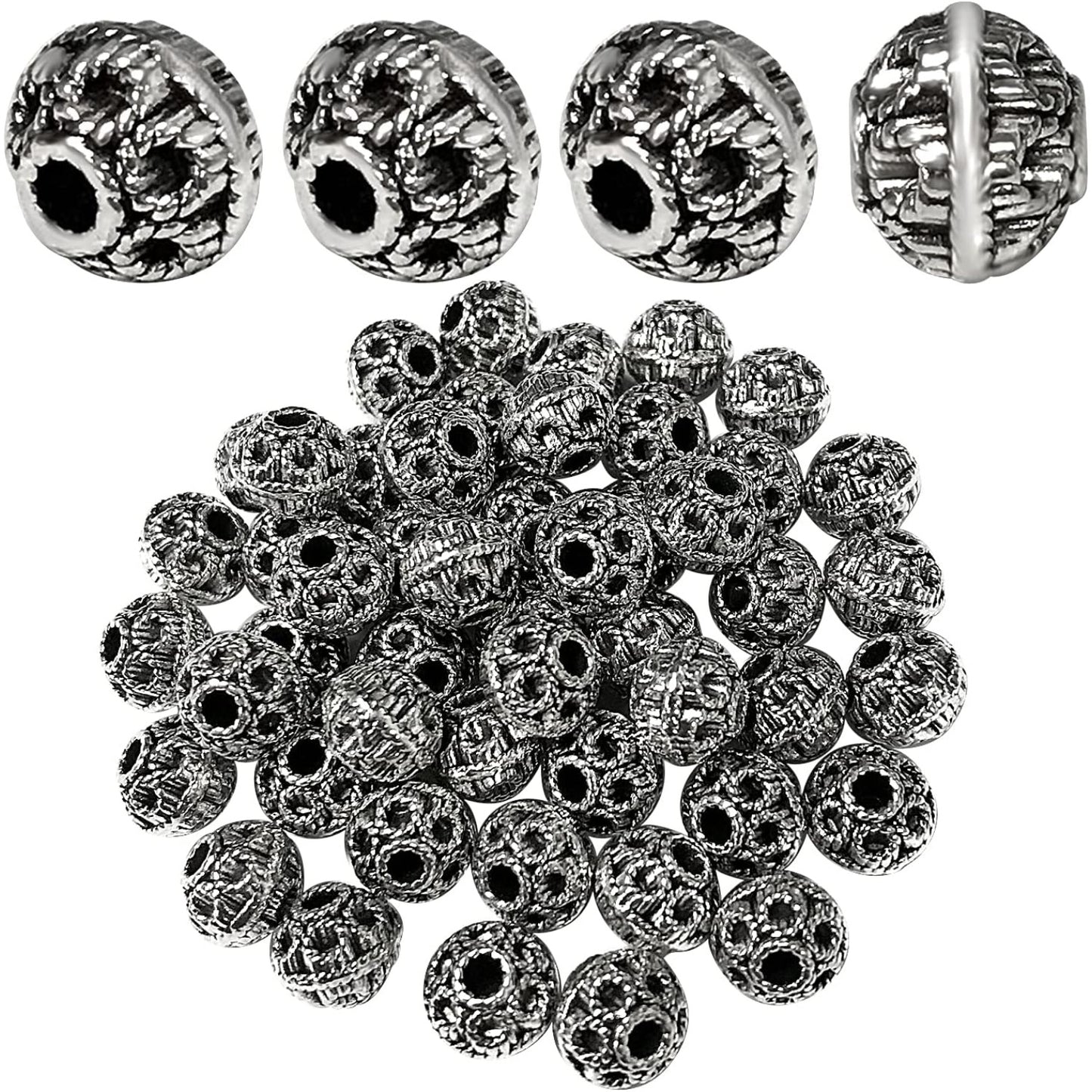 50pcs Antique Silver Spacers Beads Alloy Round Ball Spacer Beads Rondelle Beads Loose Bead Charm Beads for Jewelry DIY Bracelet Crafts Making Finding