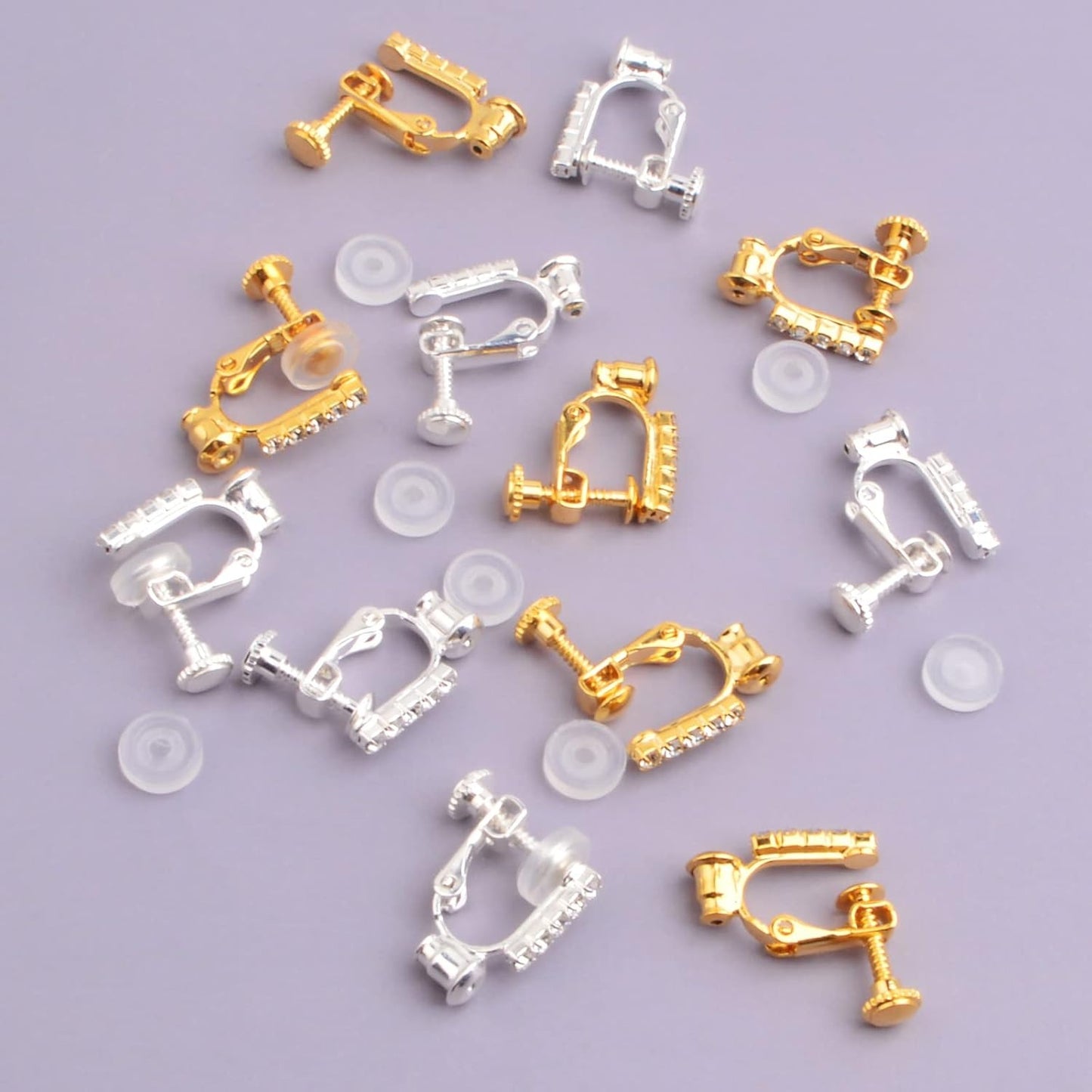 12pcs 2 Colors Clip-on Earring Converters Brass Screw Earclips Components with 5 Rhinestone and 12pcs Silicone Anti-pain Ear Pads for Non-Pierced Ears DIY Jewelry Making Findings