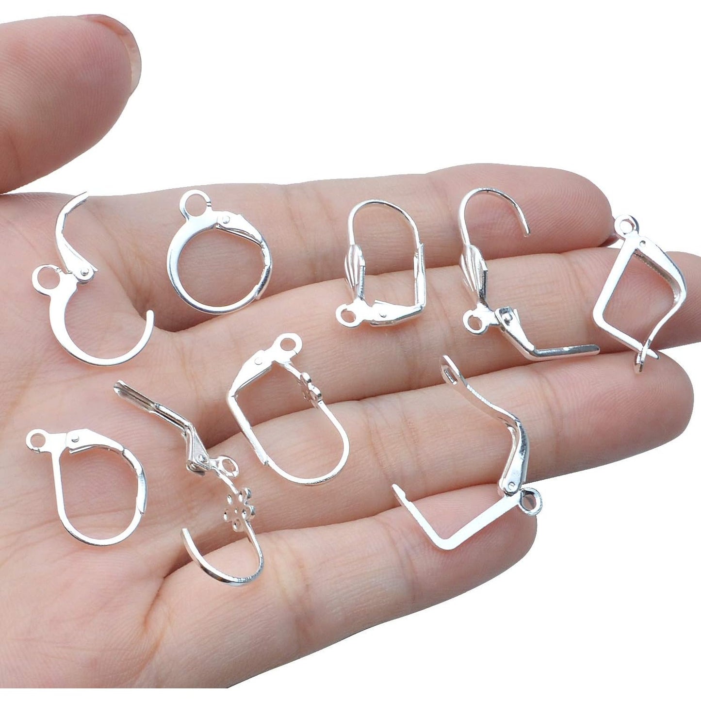 50pcs Silver Hypoallergenic French Earring Hooks Brass Lever Back Earring French Hook Ear Wire with Open Loop for Earring Designs Jewelry Making Supplies, 5 Styles