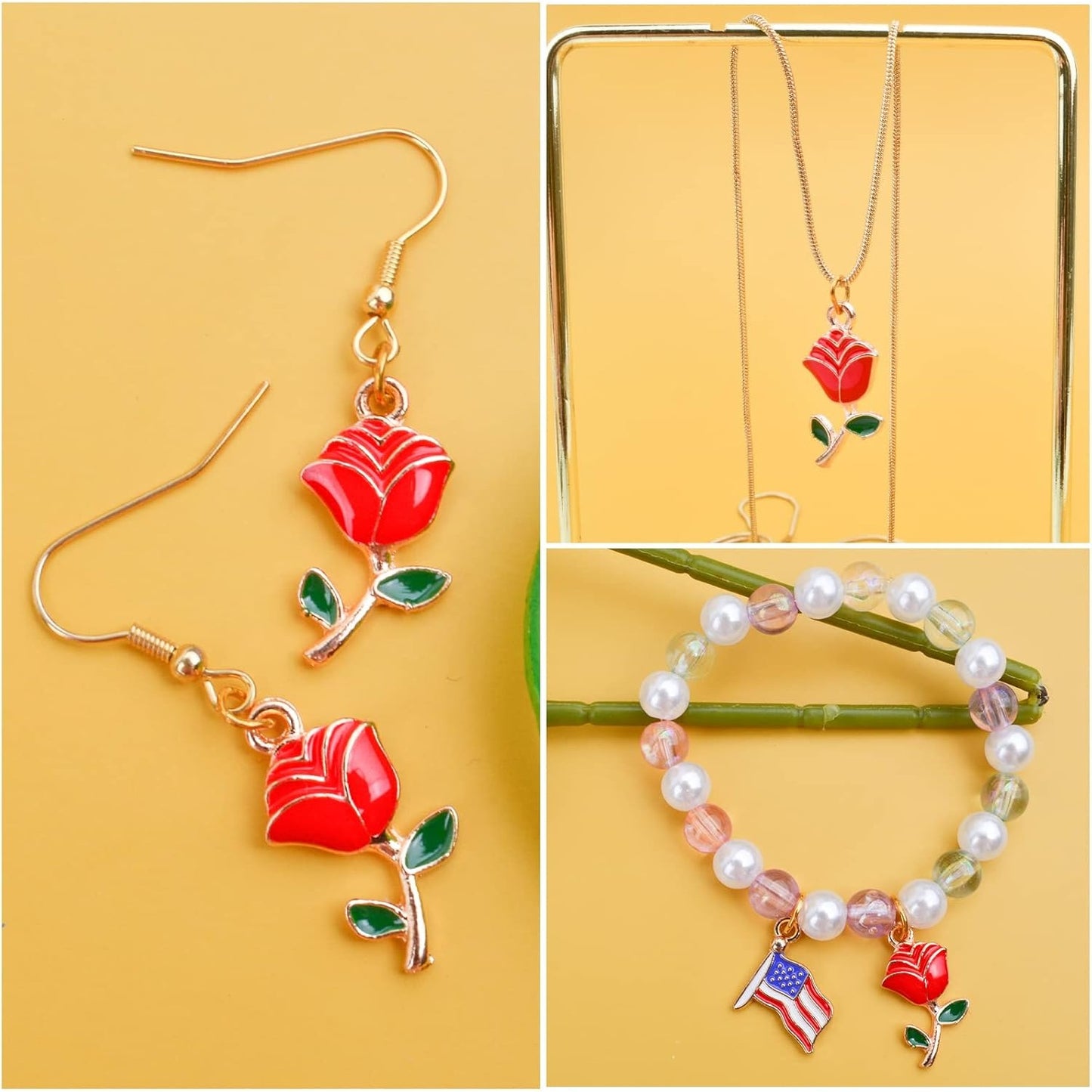 30pcs Enamel Rose Flower Charm Pendants Lovely Dangle Charms for Valentine's Day DIY Bracelet Necklace Earrings Jewelry Making, Red
