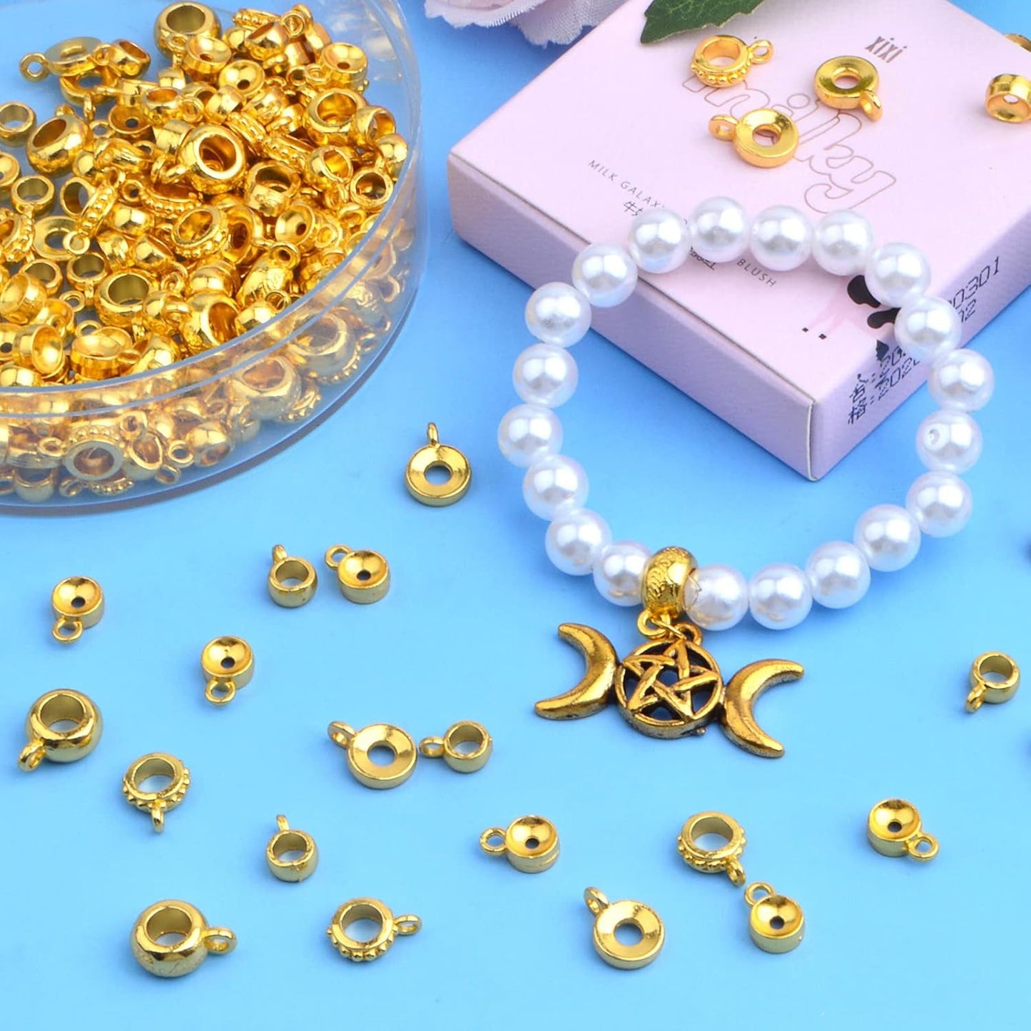 100 Gram Bright Golden Bail Tube Beads Mixed Alloy Bail Beads Connectors Rondelle Spacer Bead Hanger Links for DIY European Bracelet Pendant Jewelry Making, 5 Styles